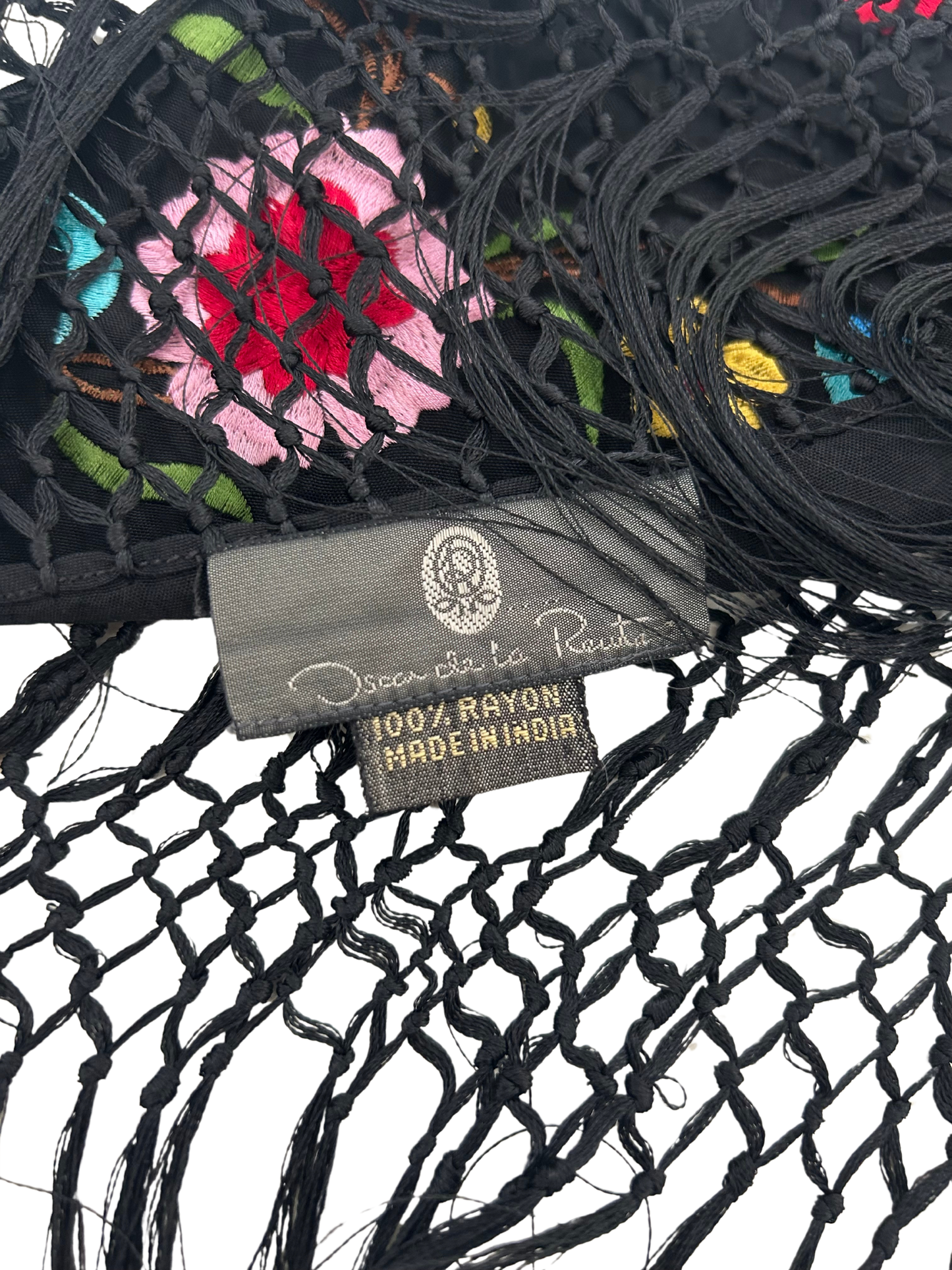 Oscar De La Renta Vintage 1990s Black Floral Embroidered Fringed Piano Shawl