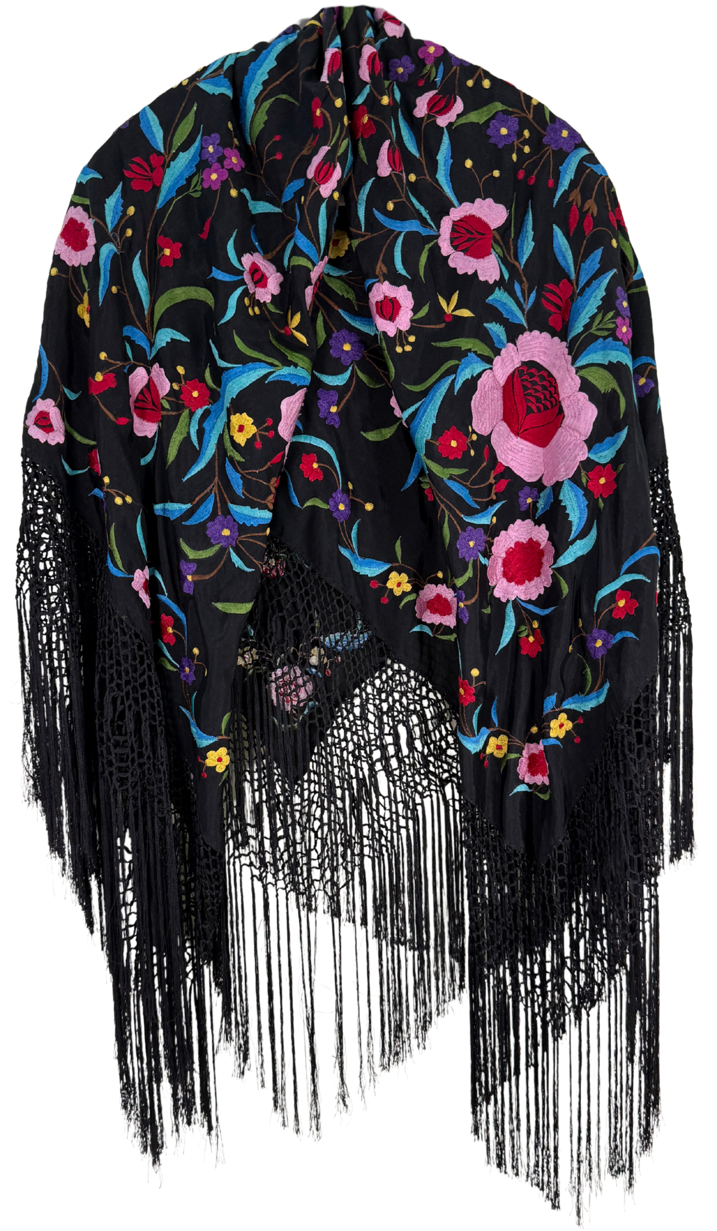 Oscar De La Renta Vintage 1990s Black Floral Embroidered Fringed Piano Shawl
