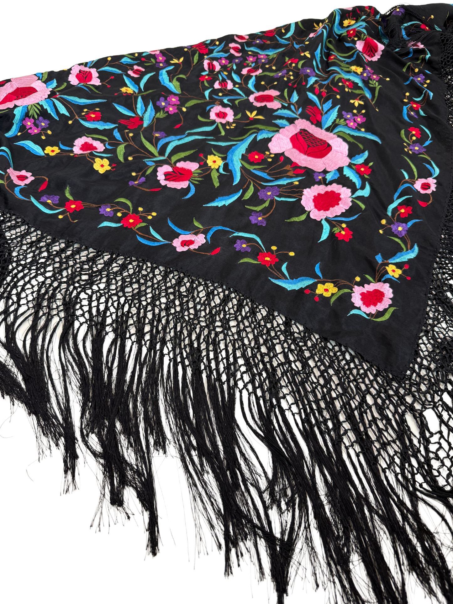 Oscar De La Renta Vintage 1990s Black Floral Embroidered Fringed Piano Shawl