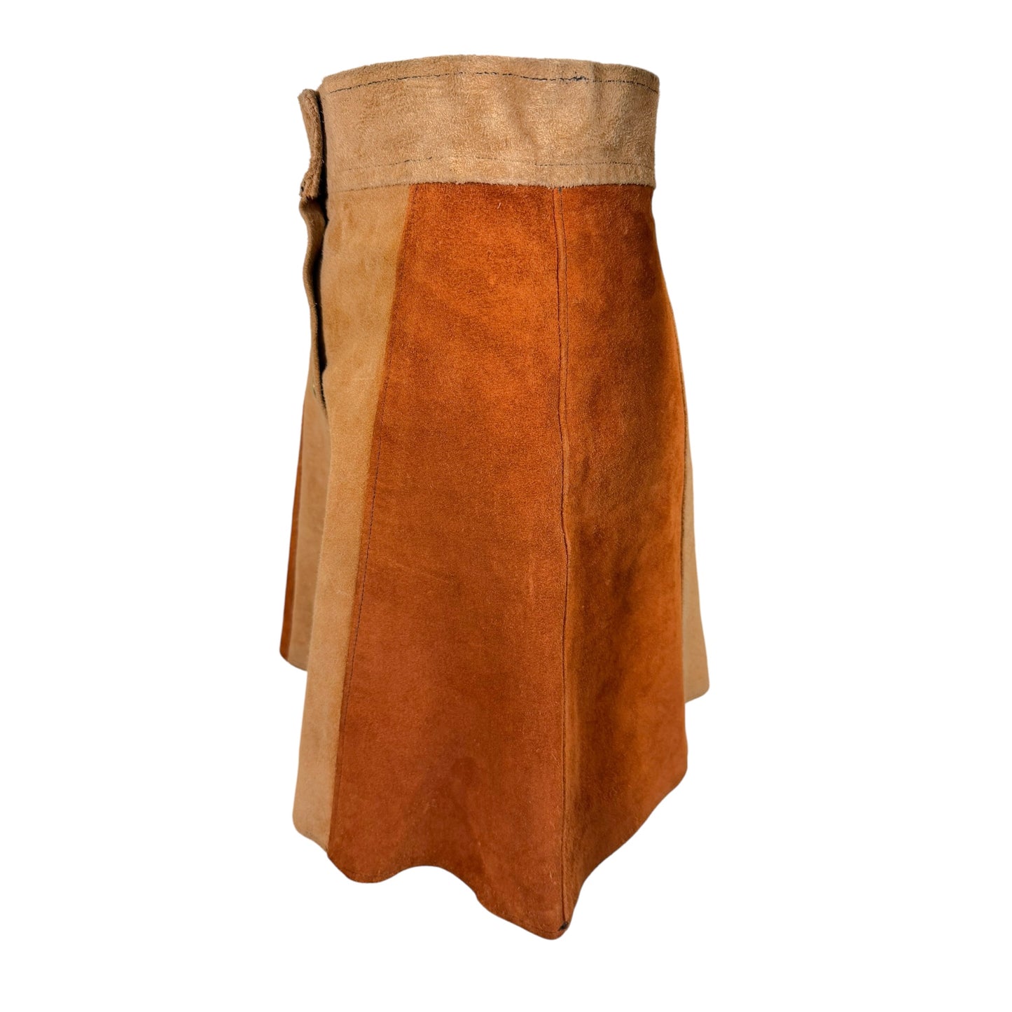 Vintage 1970s Brown Color Block Suede Snap-Front Mini Skirt