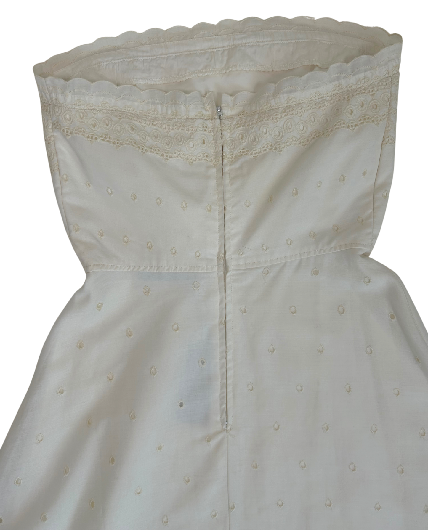 Vintage 1970s Saks Fifth Avenue Ivory Eyelet Cotton Strapless Dress – Prairie-Inspired Midi with Ruffle Hem