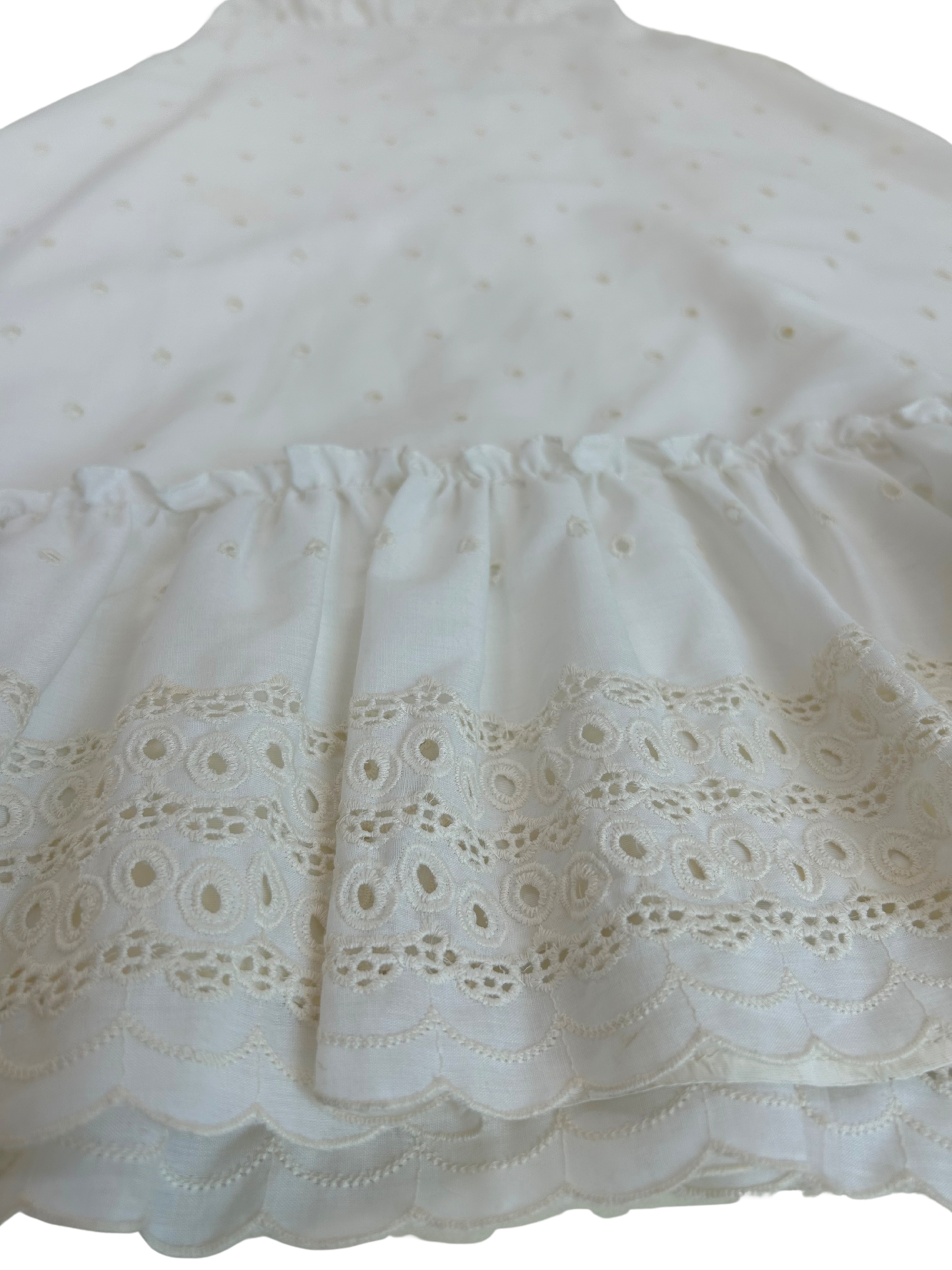 Vintage 1970s Saks Fifth Avenue Ivory Eyelet Cotton Strapless Dress – Prairie-Inspired Midi with Ruffle Hem