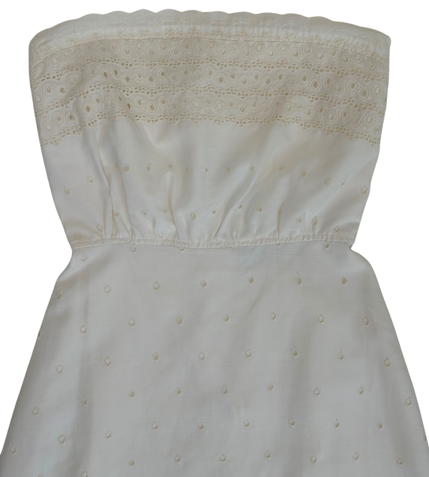 Vintage 1970s Saks Fifth Avenue Ivory Eyelet Cotton Strapless Dress – Prairie-Inspired Midi with Ruffle Hem