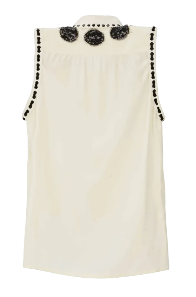 Saint Laurent Vintage Ivory Silk Embellished Blouse with Black Appliqué, Studwork & Fringe