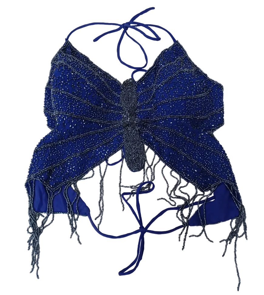 Vintage Blue Beaded Butterfly Halter Crop Top with Fringe