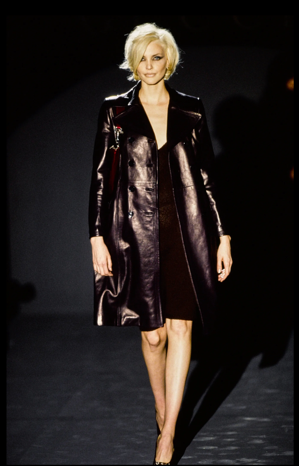 Gucci by Tom Ford Fall 1995 Runway Black Leather Belted Double-Breasted Trench Coat Size 38