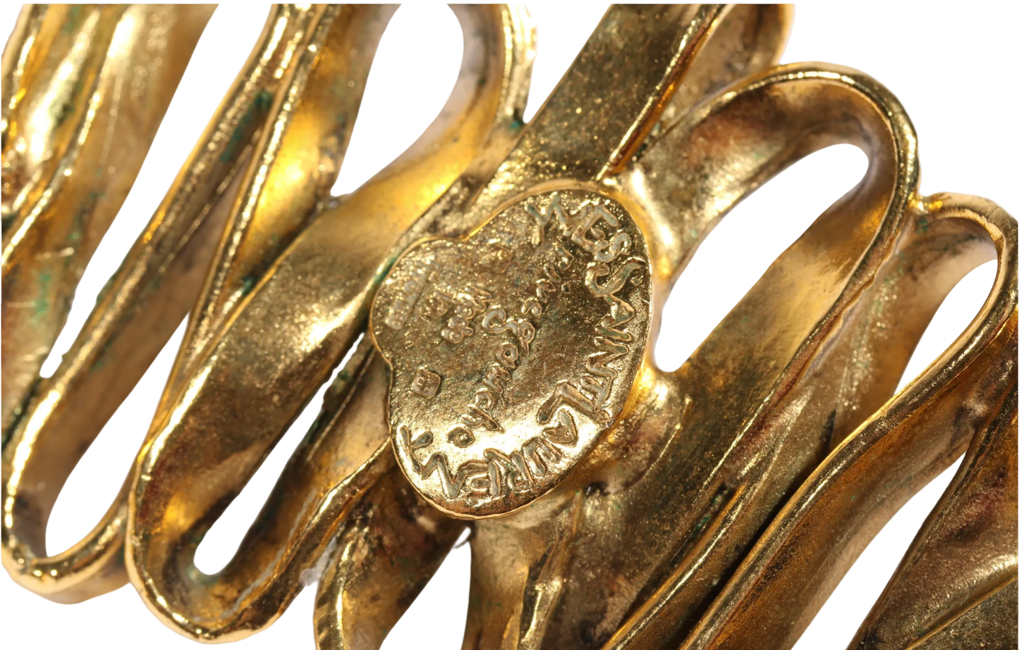 Vintage Yves Saint Laurent Rive Gauche Malachite-Azurite Brutalist Gold-Tone Collar Necklace, Late 1970s-Early 1980s