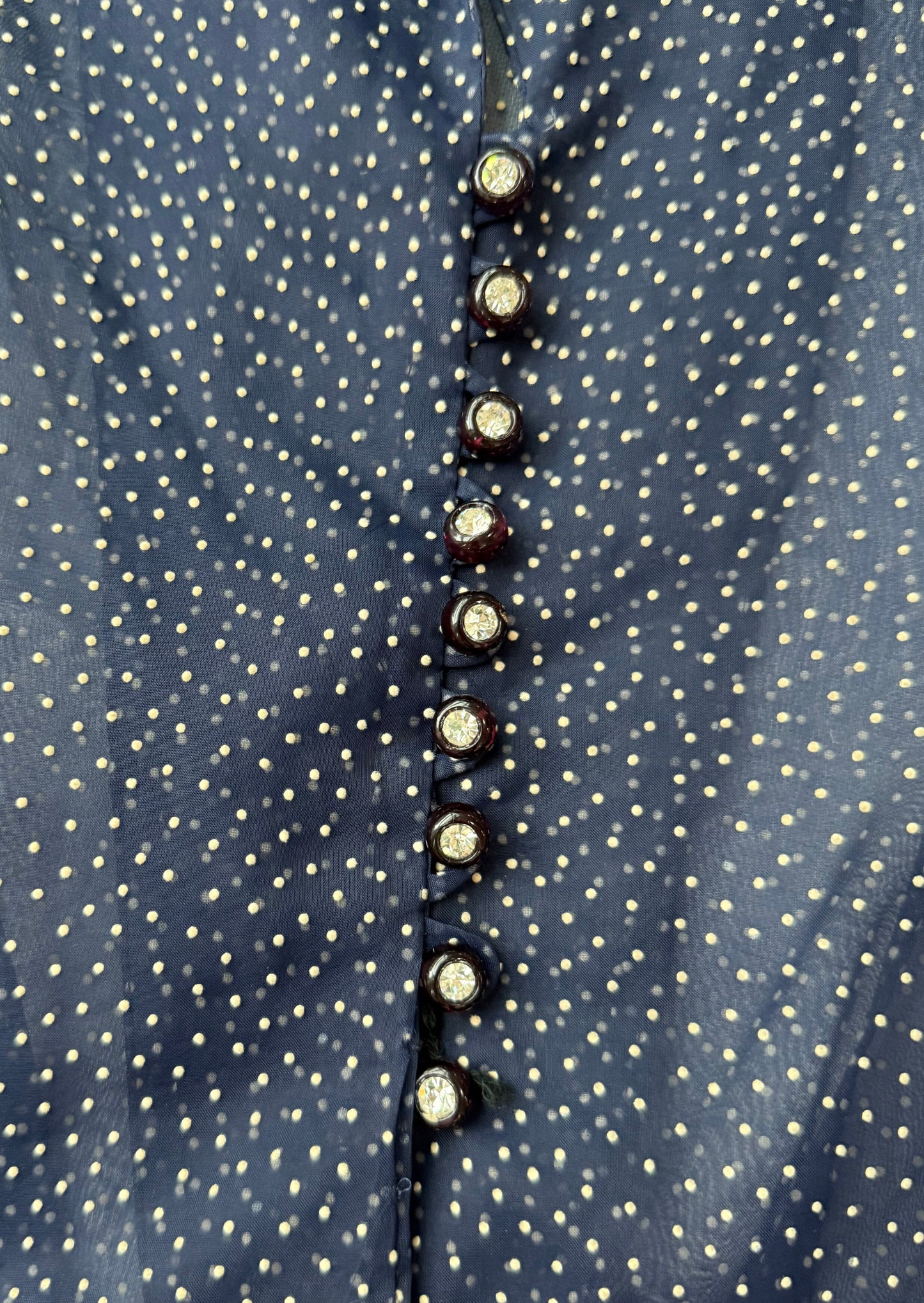 Vintage 1950's Sheer Navy Polka Dot Dress with Rhinestone Buttons