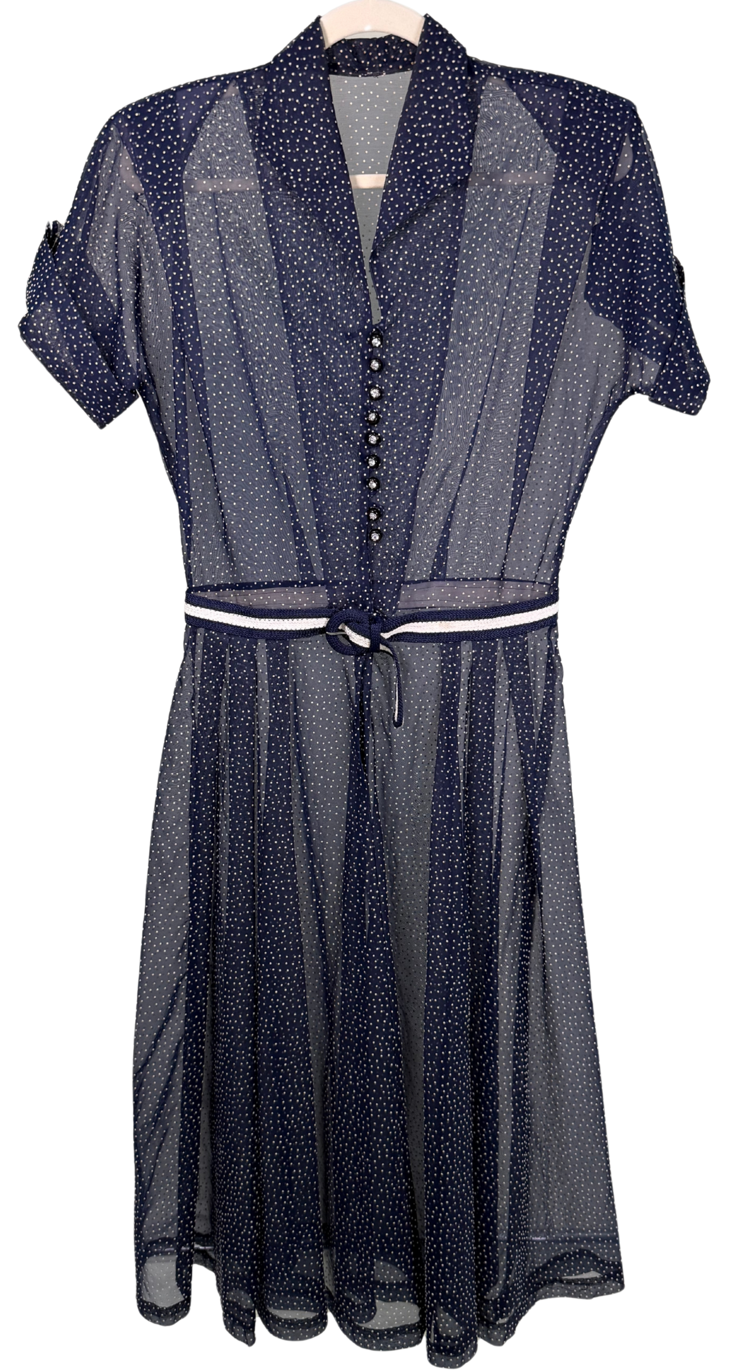 Vintage 1950's Sheer Navy Polka Dot Dress with Rhinestone Buttons