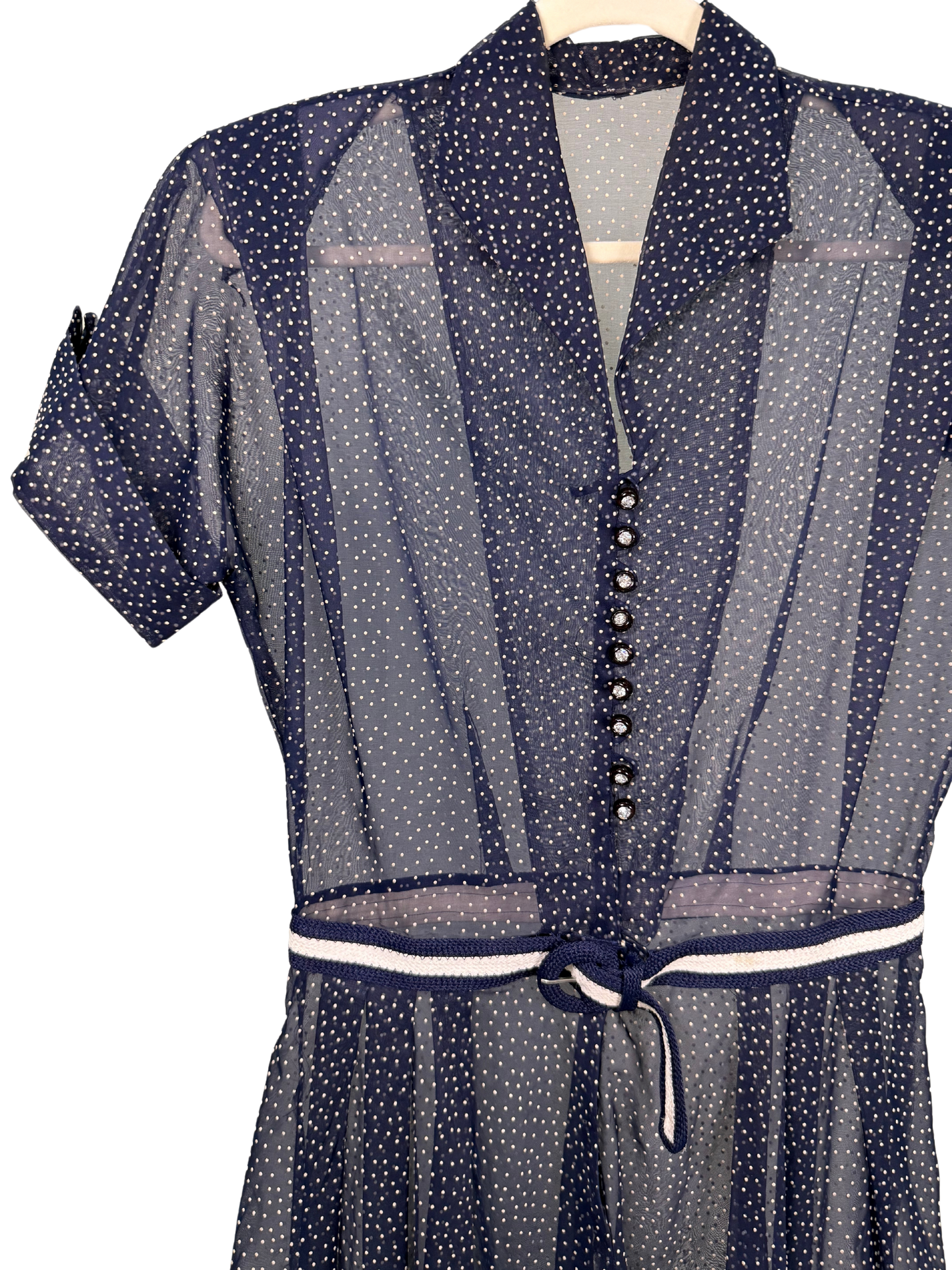 Vintage 1950's Sheer Navy Polka Dot Dress with Rhinestone Buttons