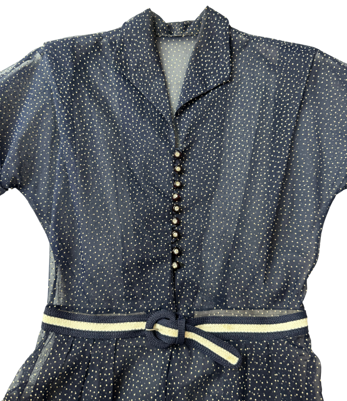 Vintage 1950's Sheer Navy Polka Dot Dress with Rhinestone Buttons