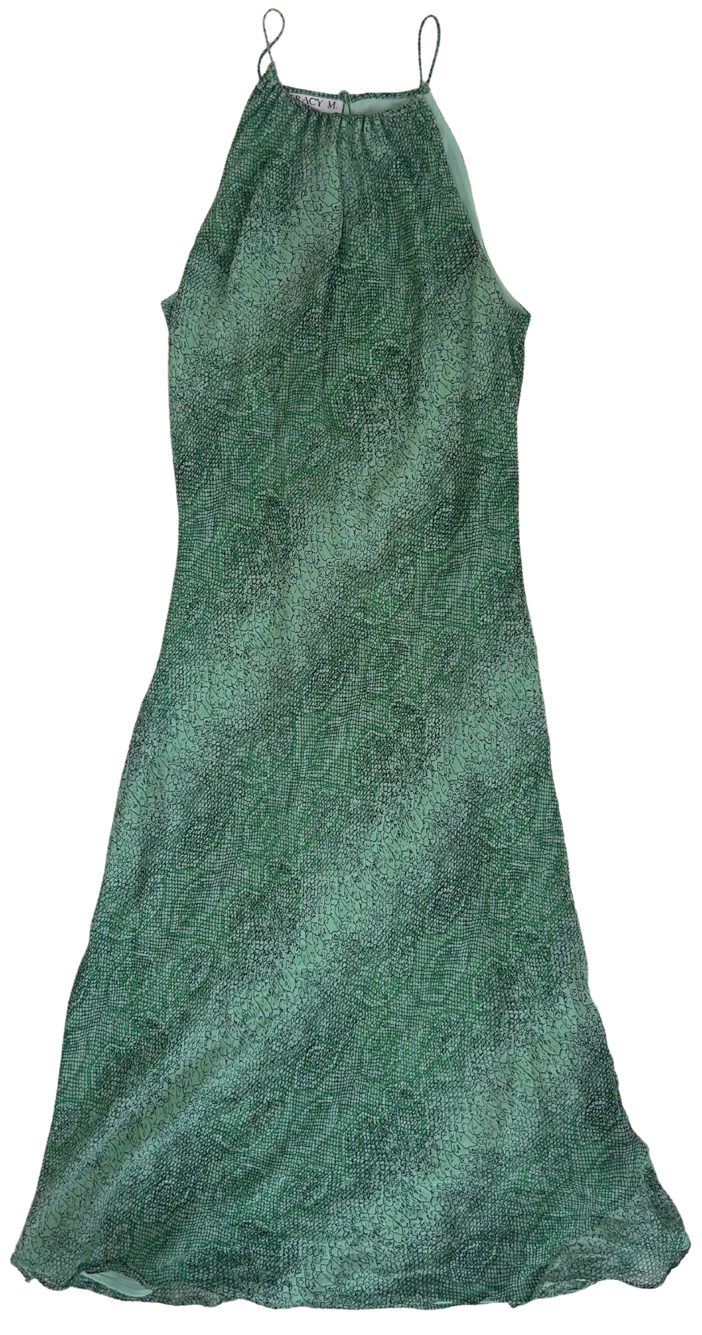 Vintage Tracy M. Y2K Green Silk Snakeskin Print Midi Dress