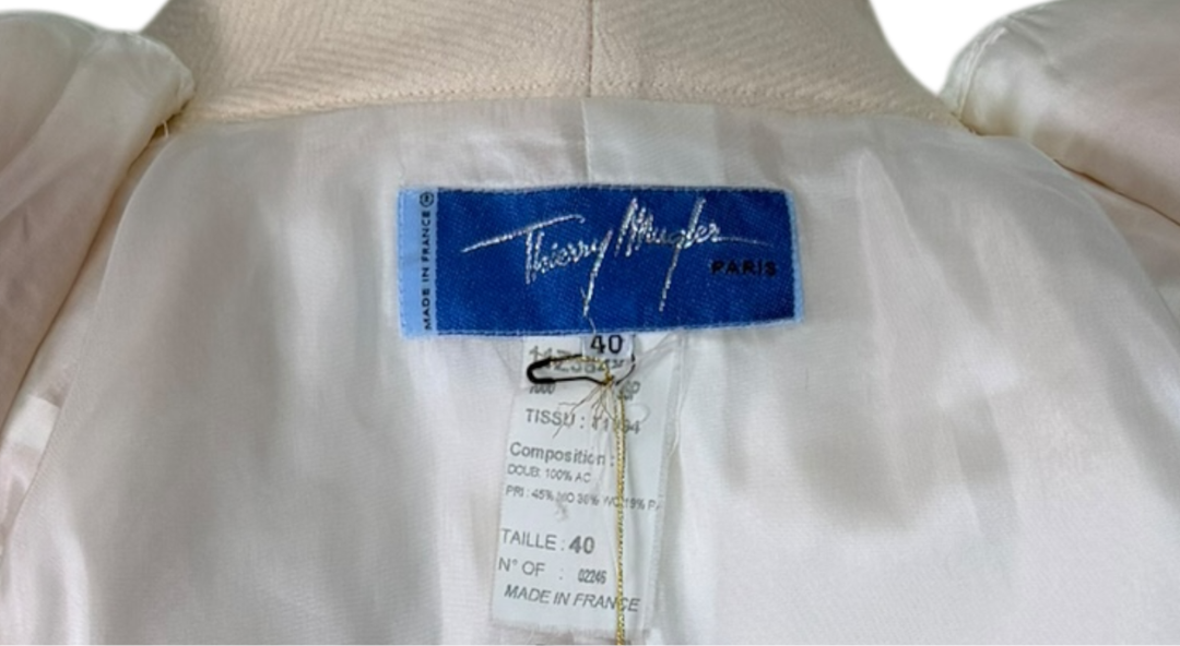Vintage 1990s Thierry Mugler Ivory Twill Sculpted Hourglass Skirt Suit Set FR 40 (Made in France)