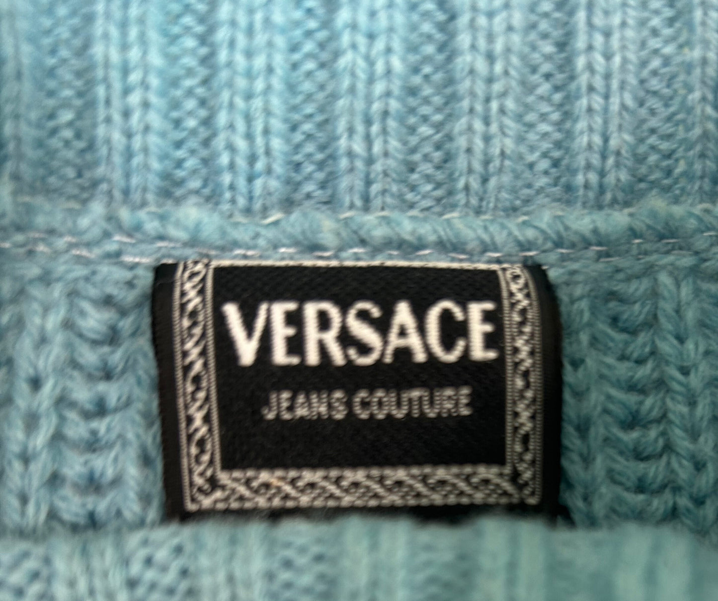 Versace Vintage 90's Light Blue Medusa Cable Knit Sweater
