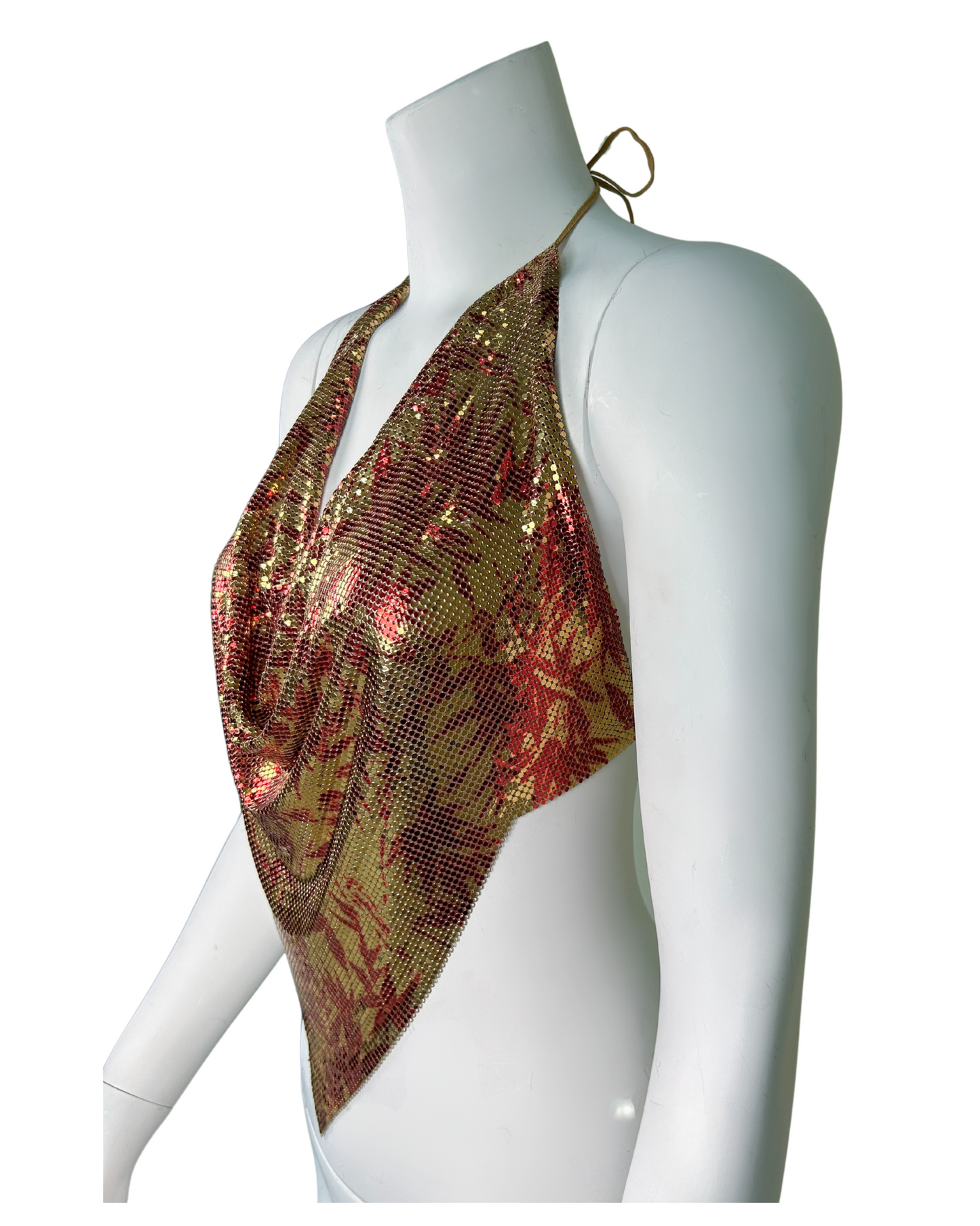 Vintage Whiting & Davis Gold and Red Metallic Flora Print Mesh Halter Top
