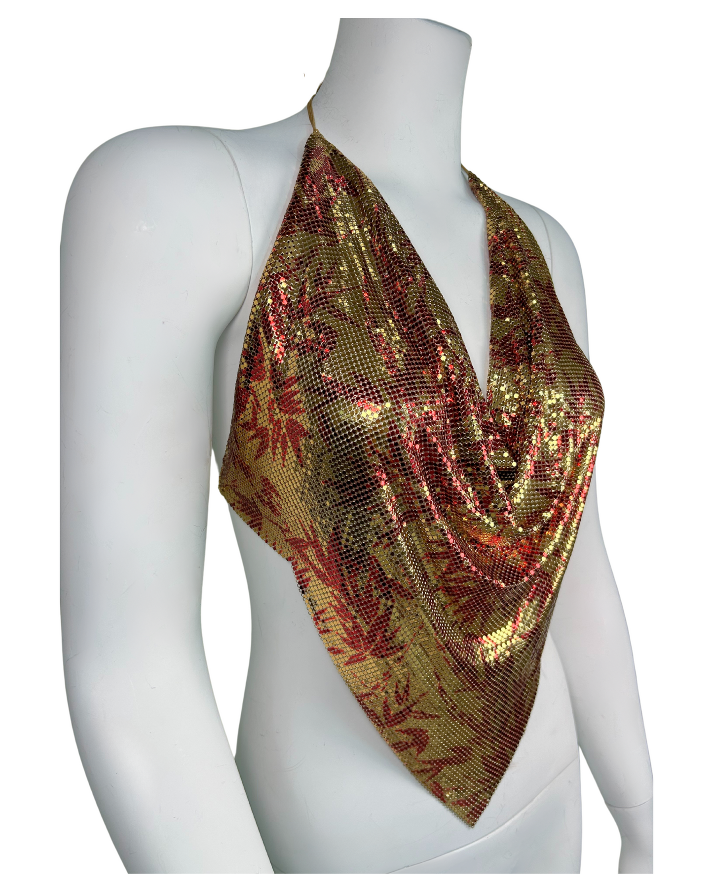 Vintage Whiting & Davis Gold and Red Metallic Flora Print Mesh Halter Top