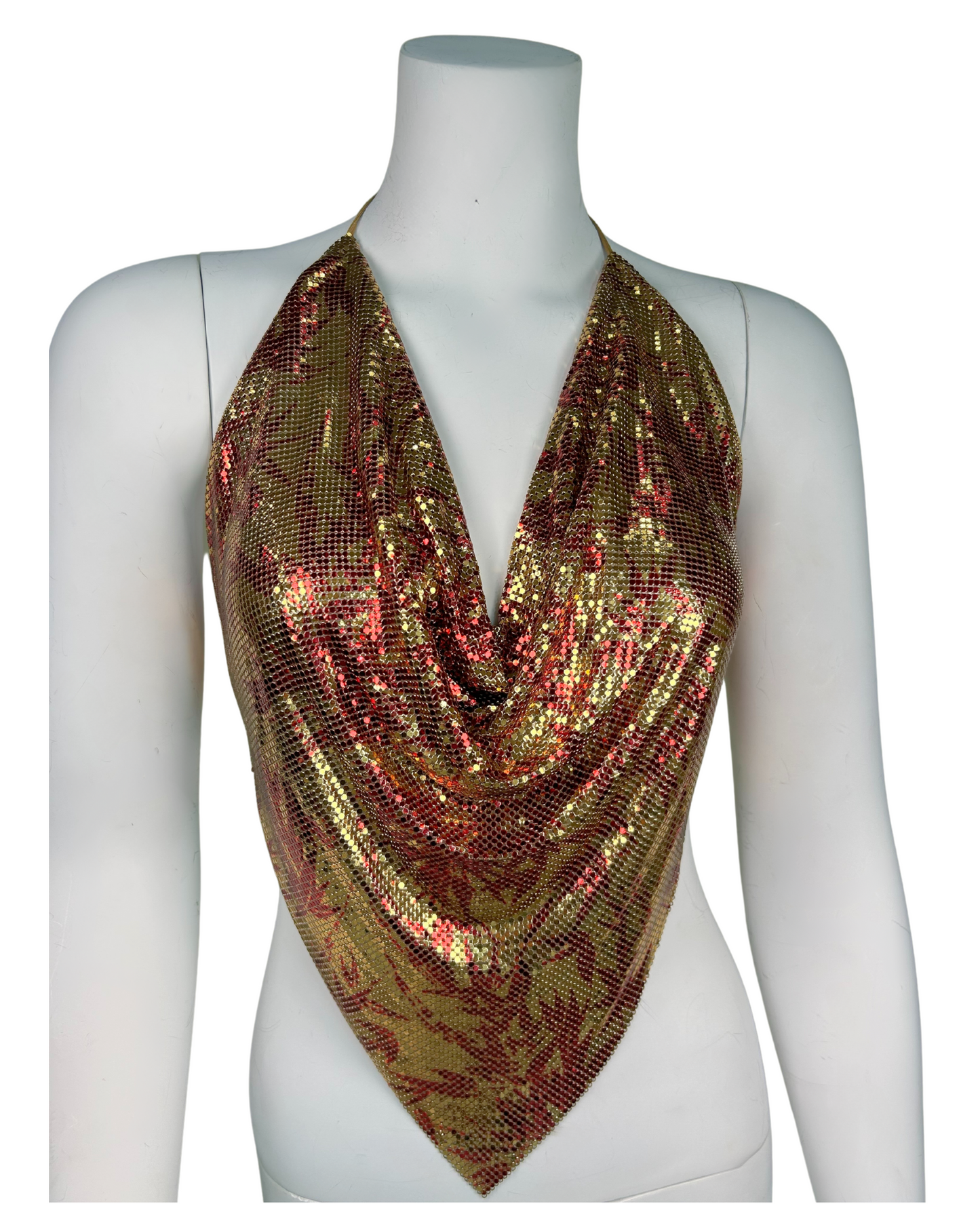 Vintage Whiting & Davis Gold and Red Metallic Flora Print Mesh Halter Top
