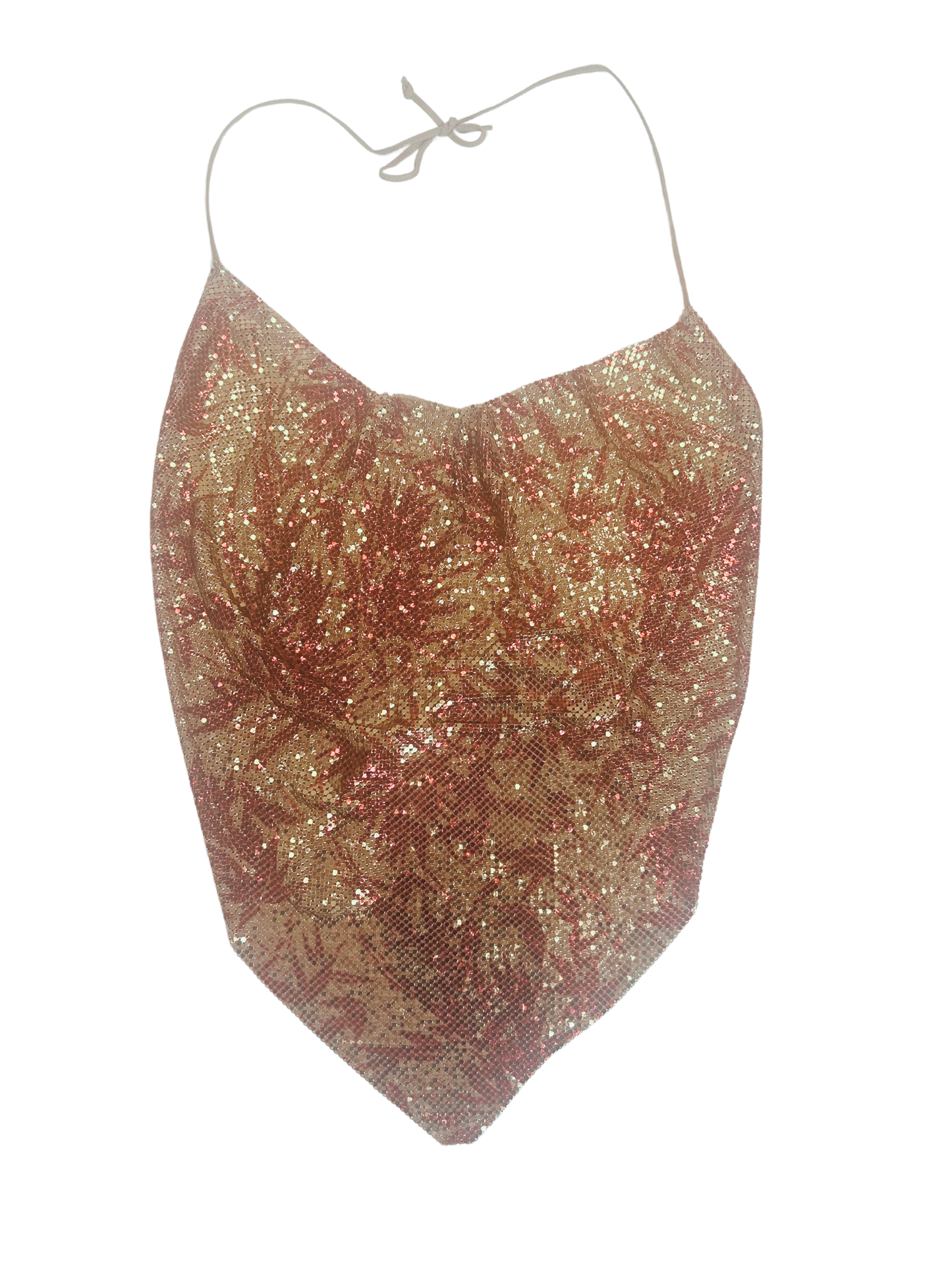 Whiting & Davis Vintage Gold and Red Metallic Flora Print Mesh Halter Top