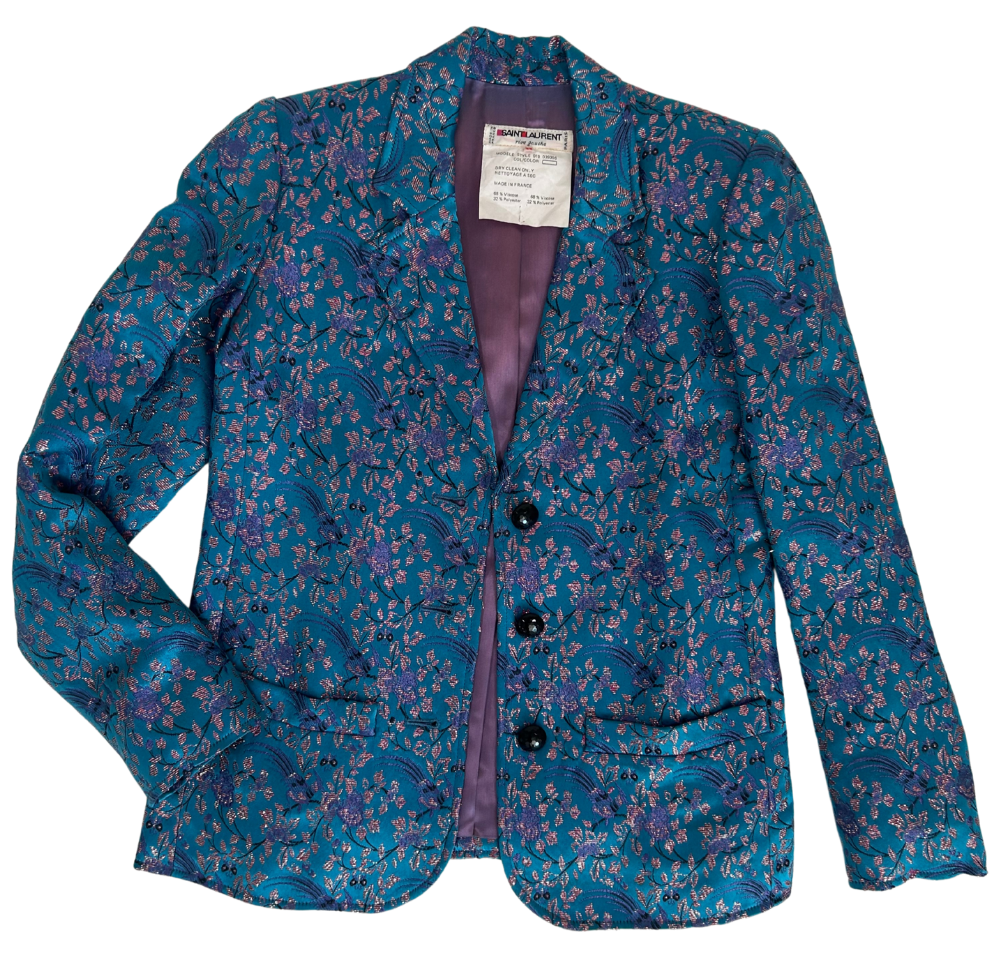 Saint Laurent Rive Gauche Vintage 1980s Blue Floral Brocade Blazer