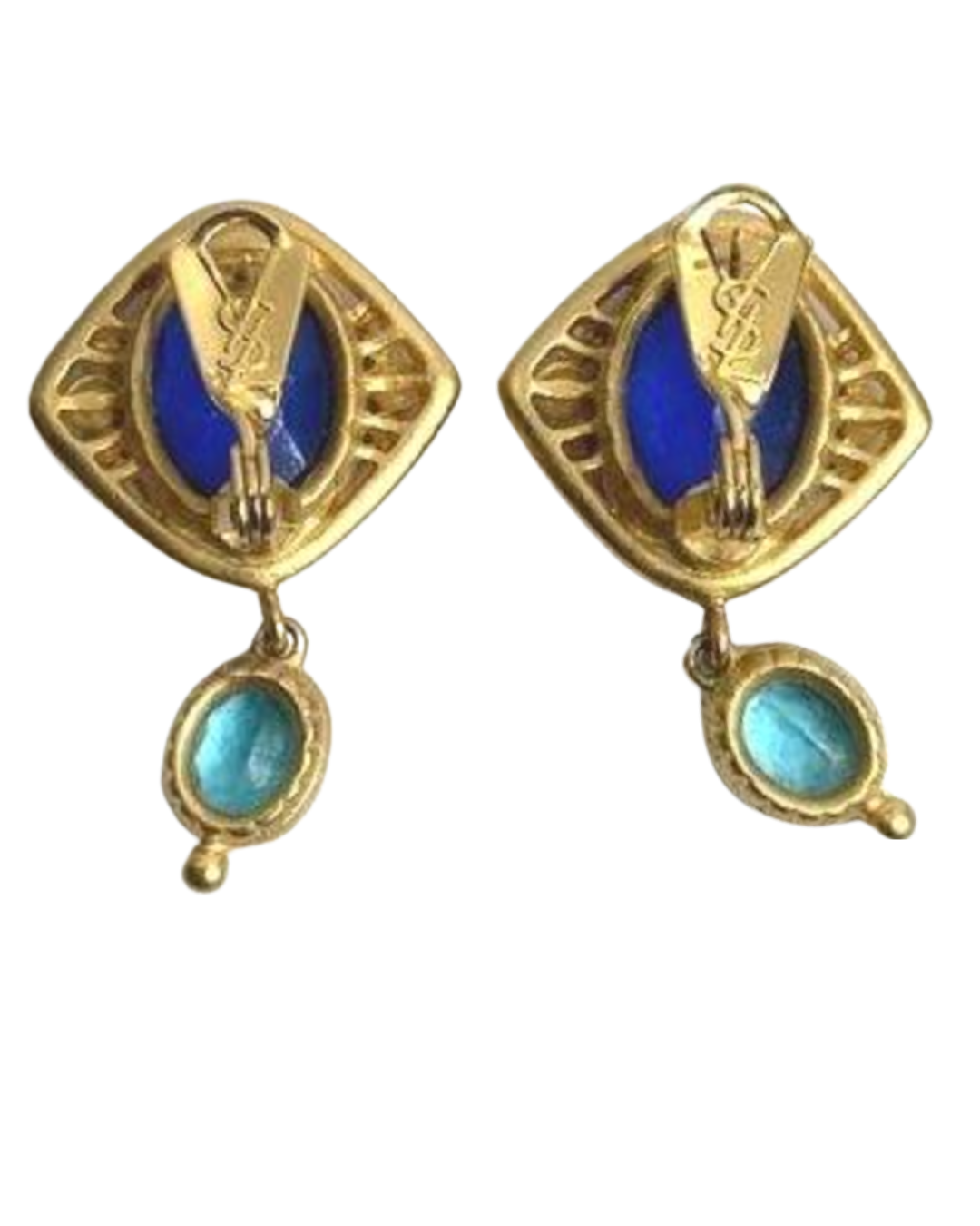 Vintage Robert Goossens for Yves Saint Laurent Gold Plated Sapphire & Aqua Gripoix Glass Earrings — 1980s