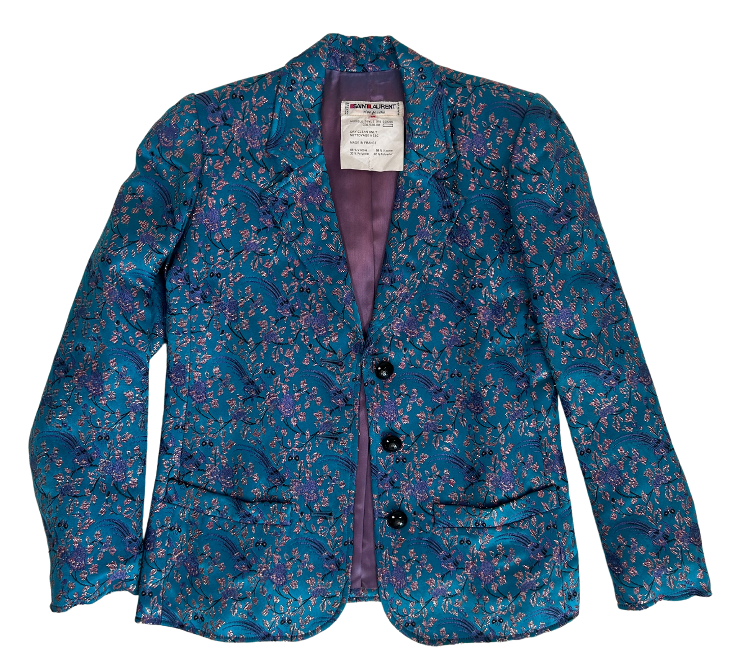 Saint Laurent Rive Gauche Vintage 1980s Blue Floral Brocade Blazer