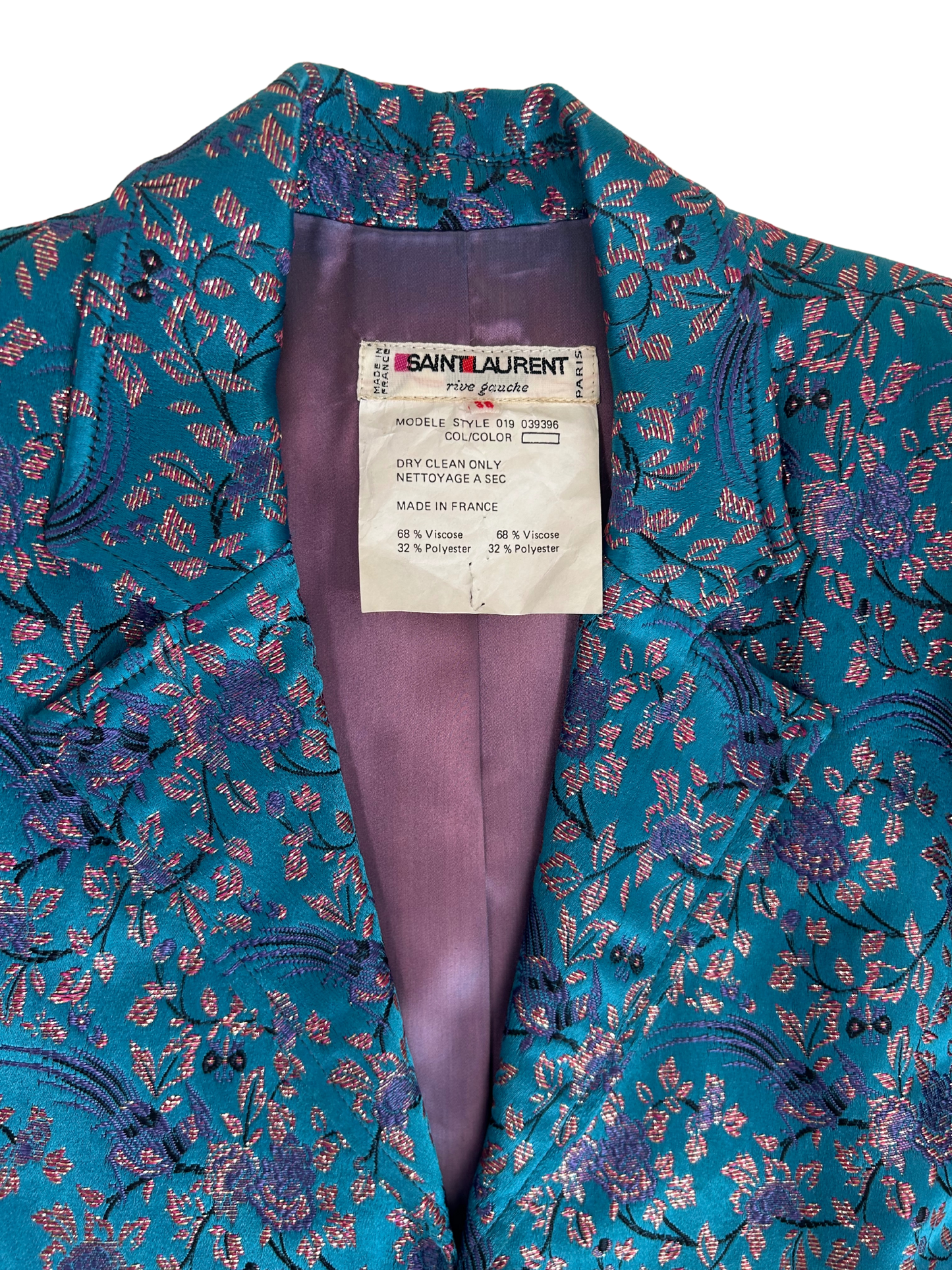 Saint Laurent Rive Gauche Vintage 1980s Blue Floral Brocade Blazer