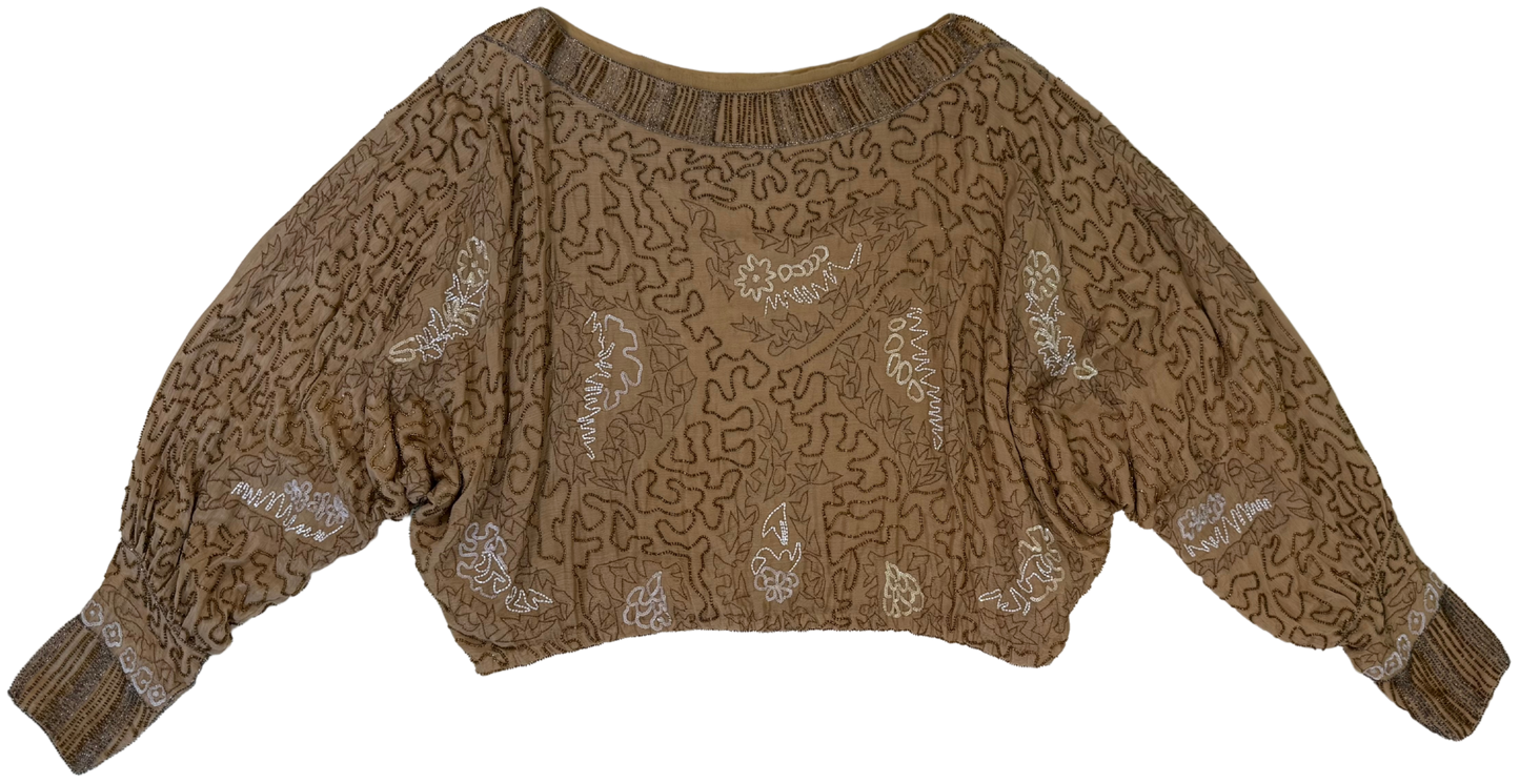 Antique 1920s Beaded Silk Batwing Blouse with Metallic Embroidery