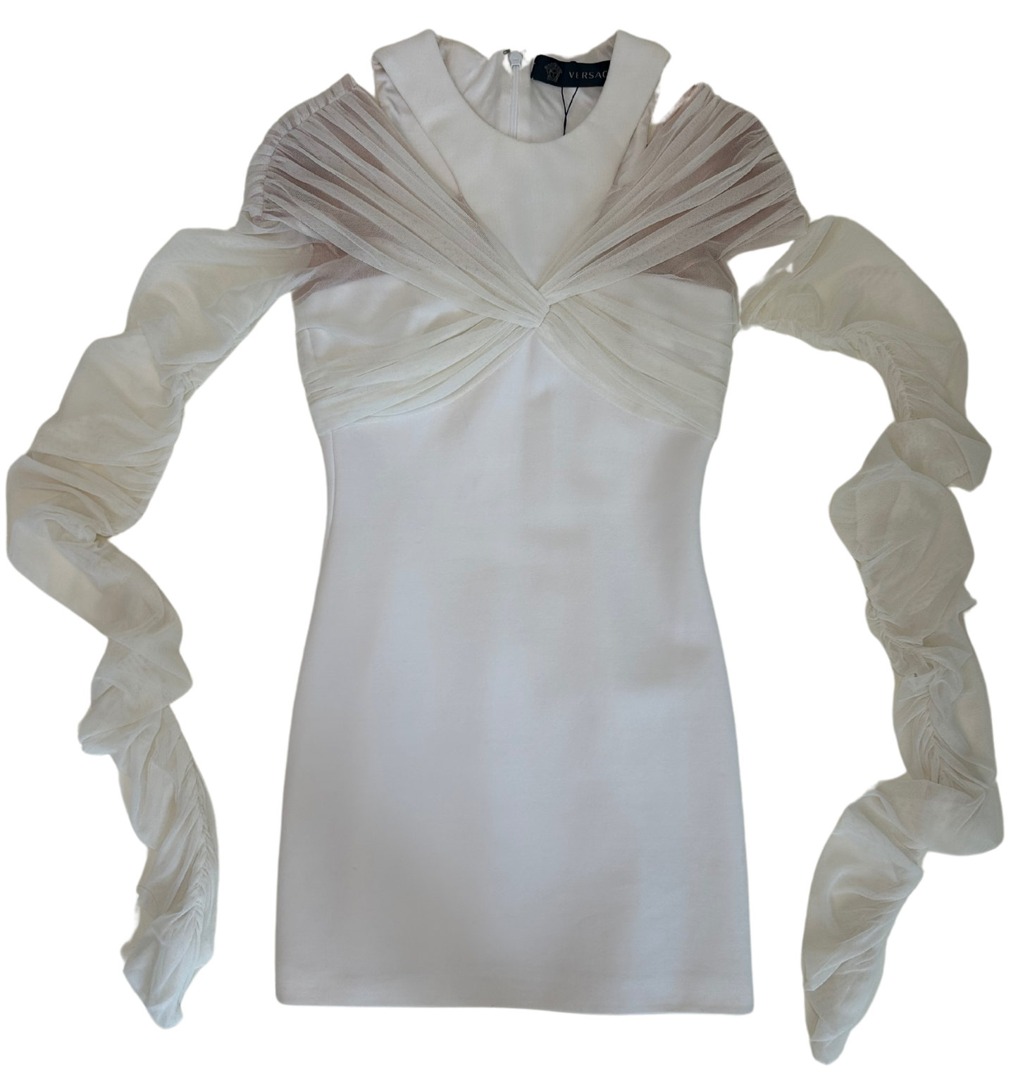 Versace White Stretch Knit Mini Dress with Sheer Ruched Tulle Sleeves - Resort 2014