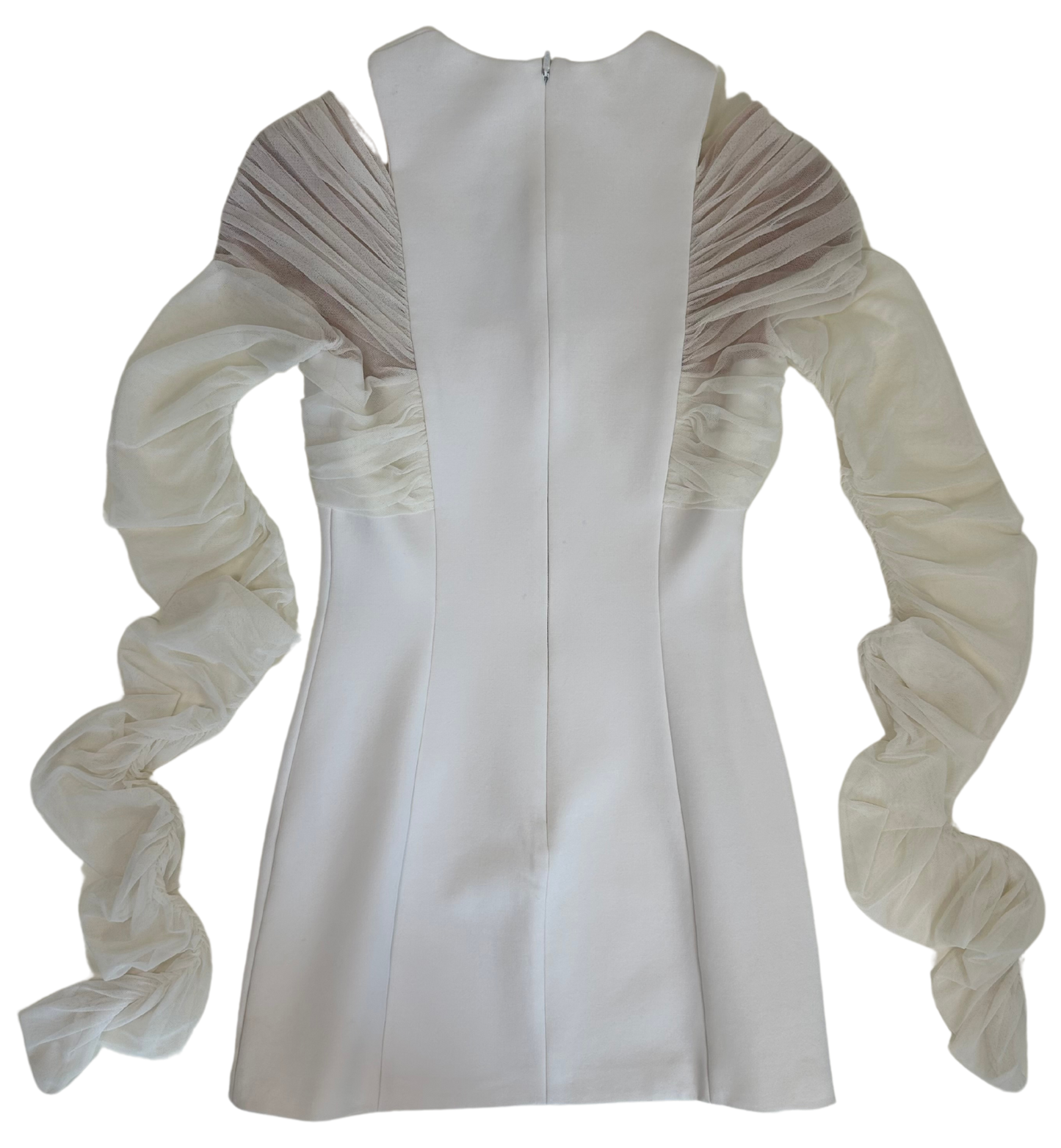 Versace White Stretch Knit Mini Dress with Sheer Ruched Tulle Sleeves - Resort 2014