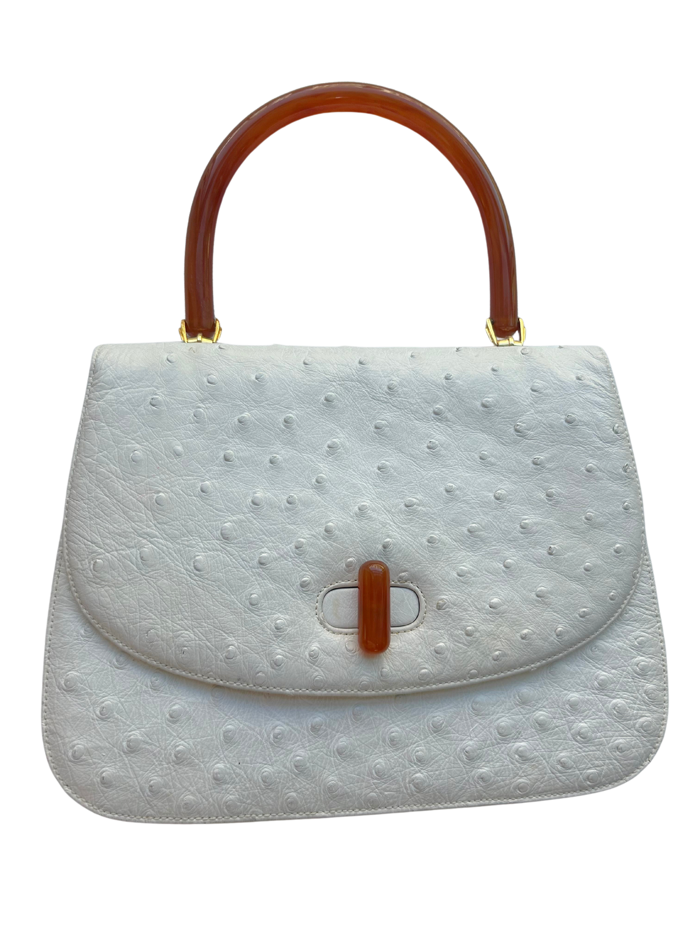 Vintage Gucci White Ostrich Leather Top Handle Bag with Lucite Accents