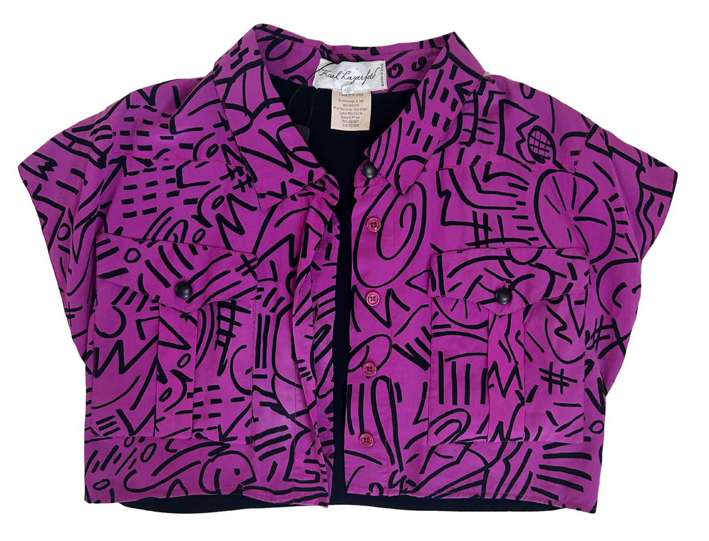 Karl Lagerfeld Vintage 1980's Purple and Black Abstract Print Silk Midi Dress and Cropped Jacket