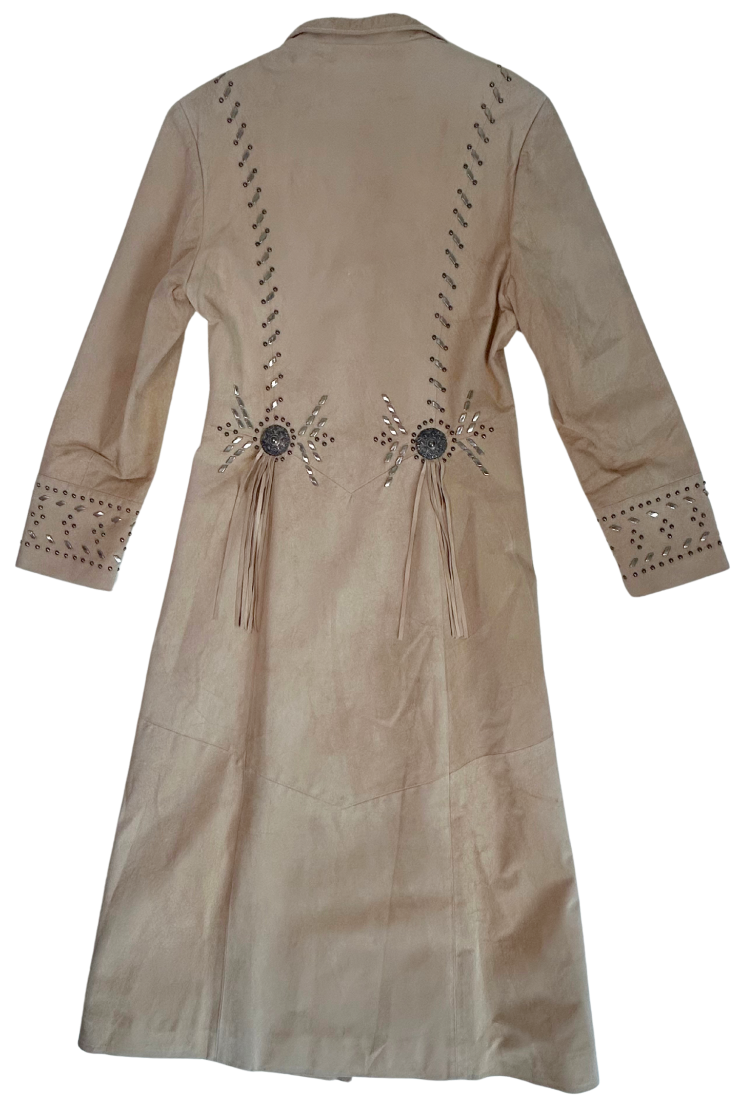 Vintage Renegade Spirit Tan Suede Fringe Duster Coat - Western Studded Long Jacket - Made in USA