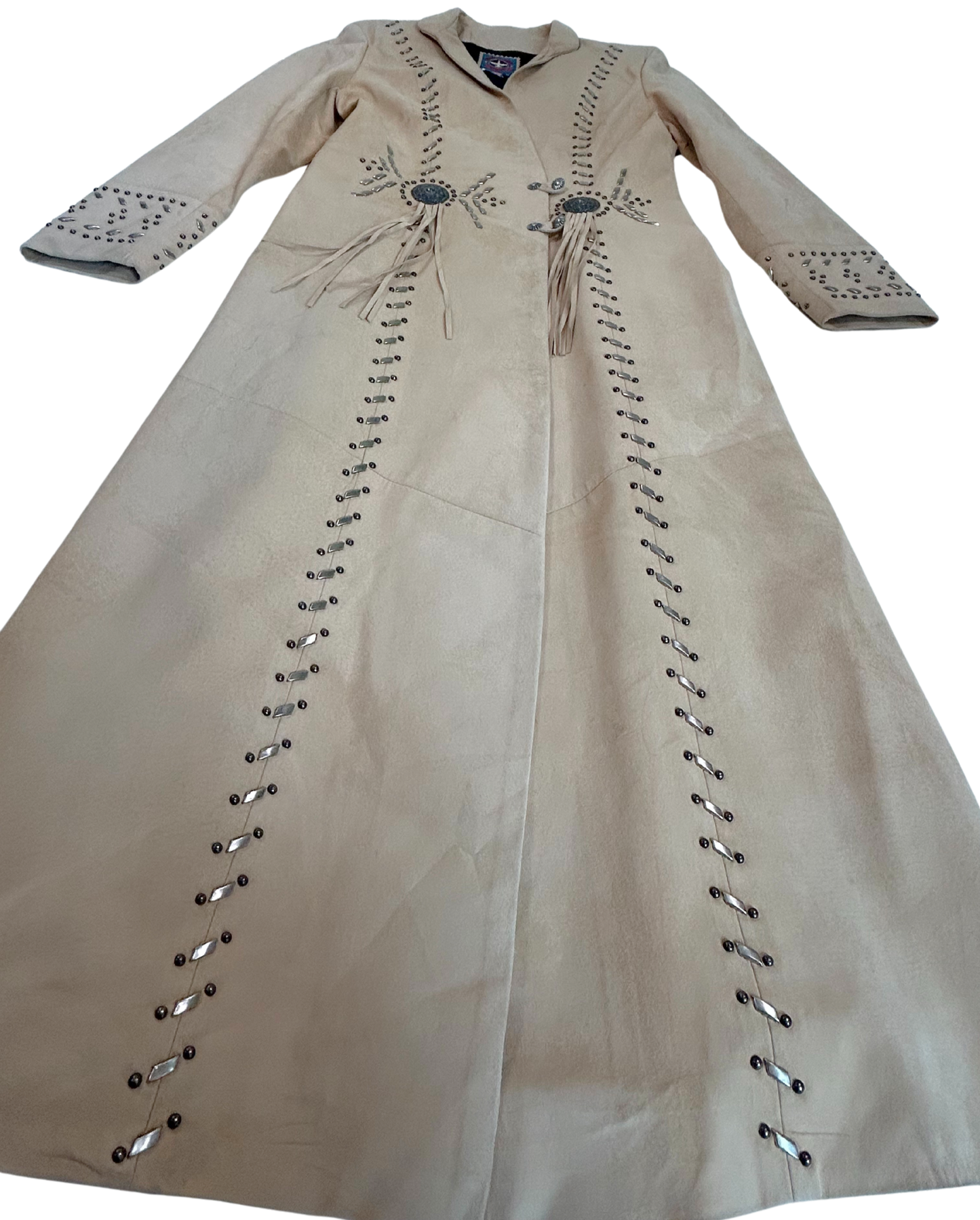 Vintage Renegade Spirit Tan Suede Fringe Duster Coat - Western Studded Long Jacket - Made in USA