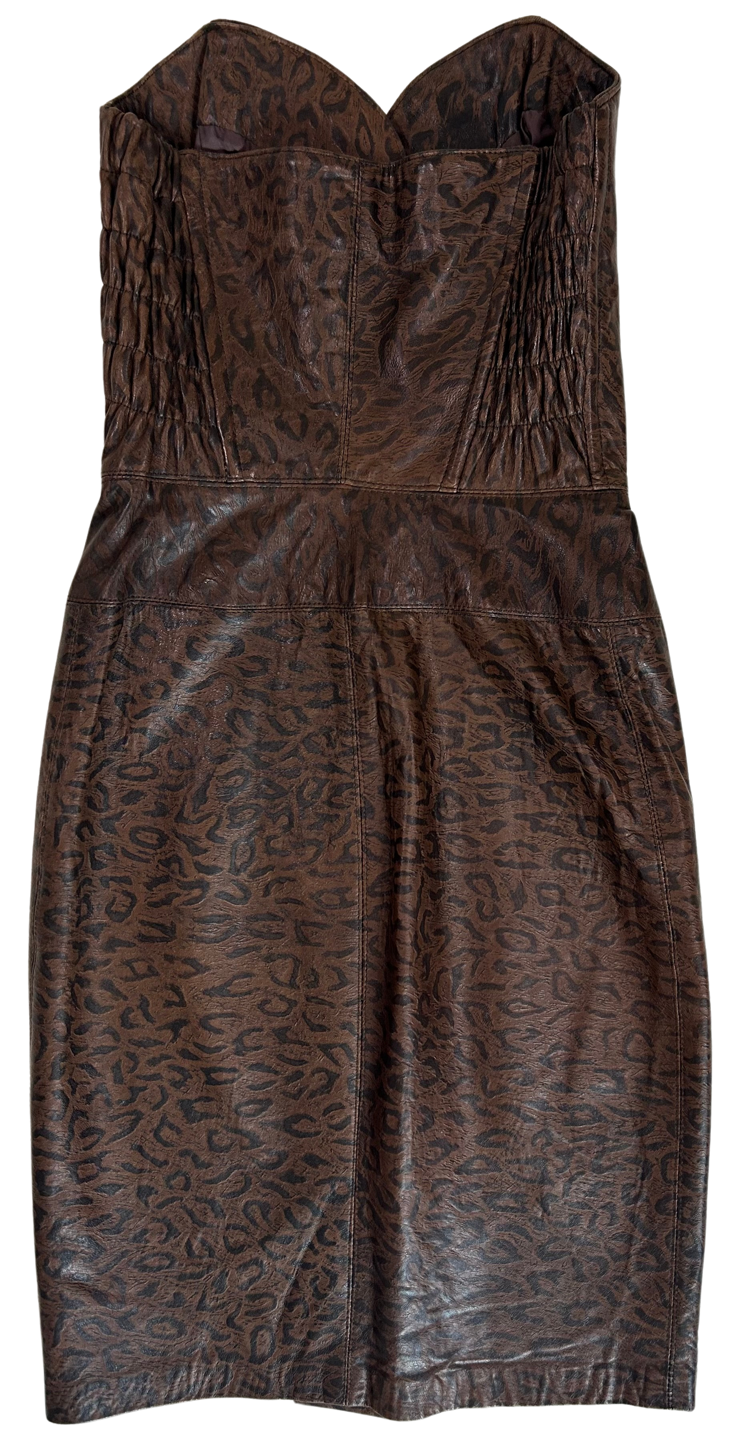 Michael Hoban Vintage 80's Leopard Print Leather Bustier Fitted Midi Dress