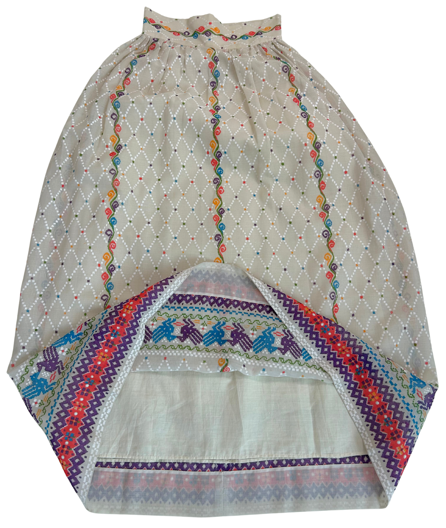 Vintage 1970s High-Waisted Woven Cotton Skirt with Guatemalan-Inspired Print