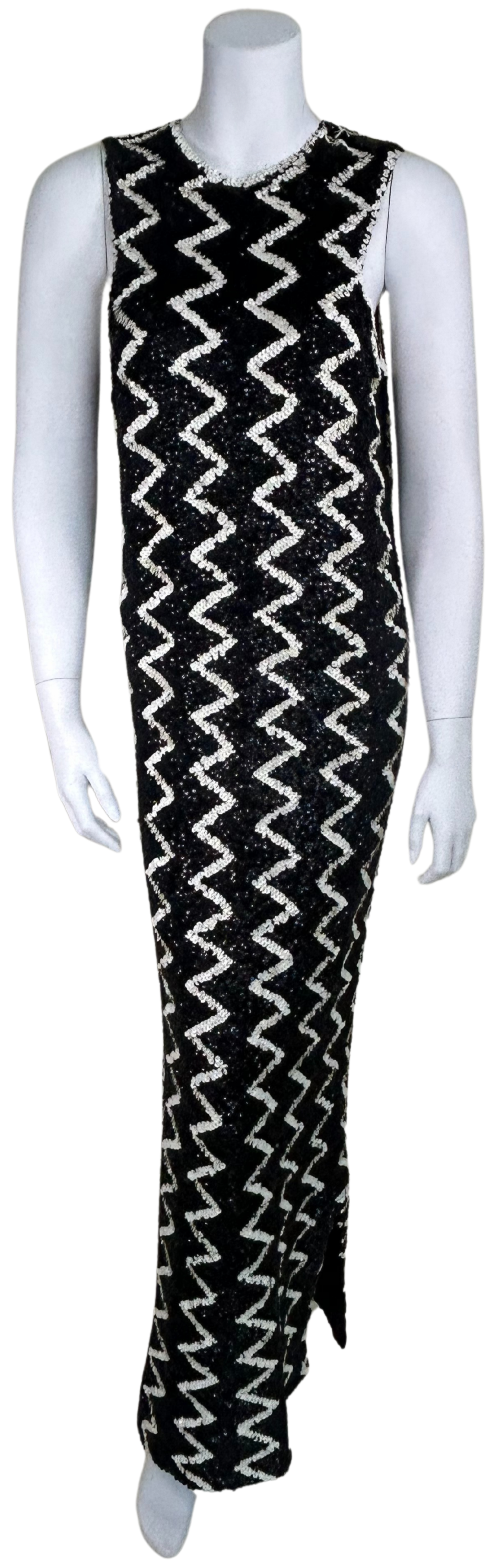 1960s Chez Royale black and white sequin zig-zag evening gown, Hong Kong couture
