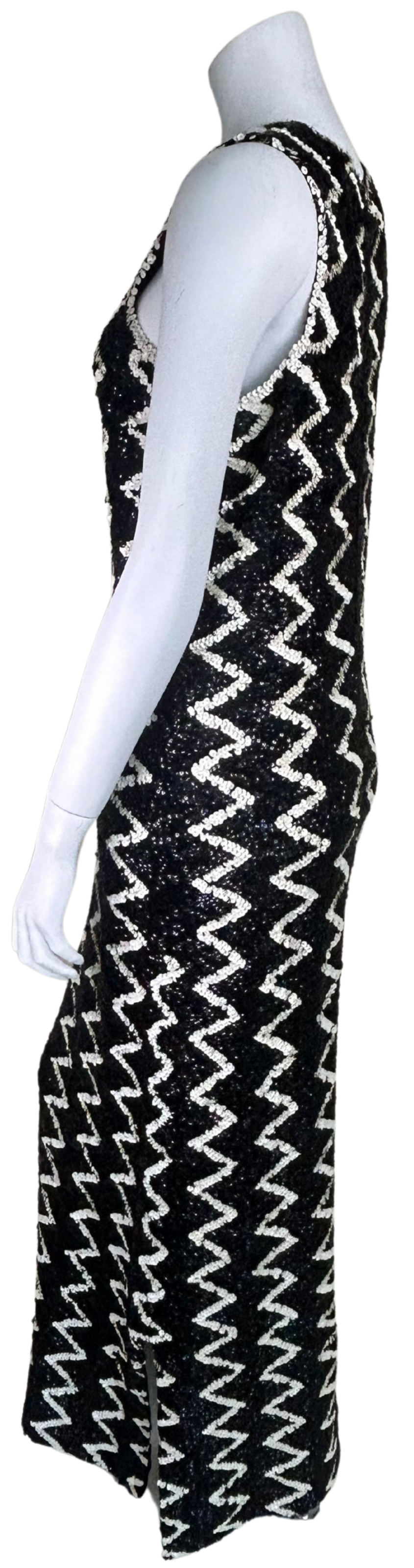 1960s Chez Royale hand sewn sequin zig zag evening gown, side view