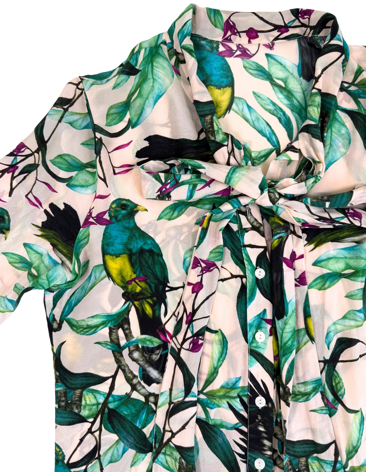 Silk Tropical Print Pussybow Blouse