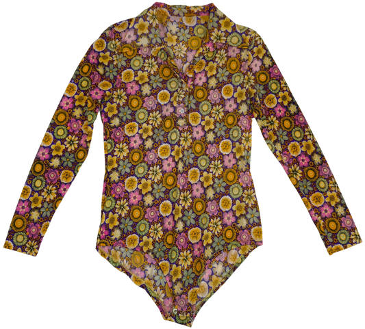 Vintage 1970s Long Sleeve Collared Floral Bodysuit