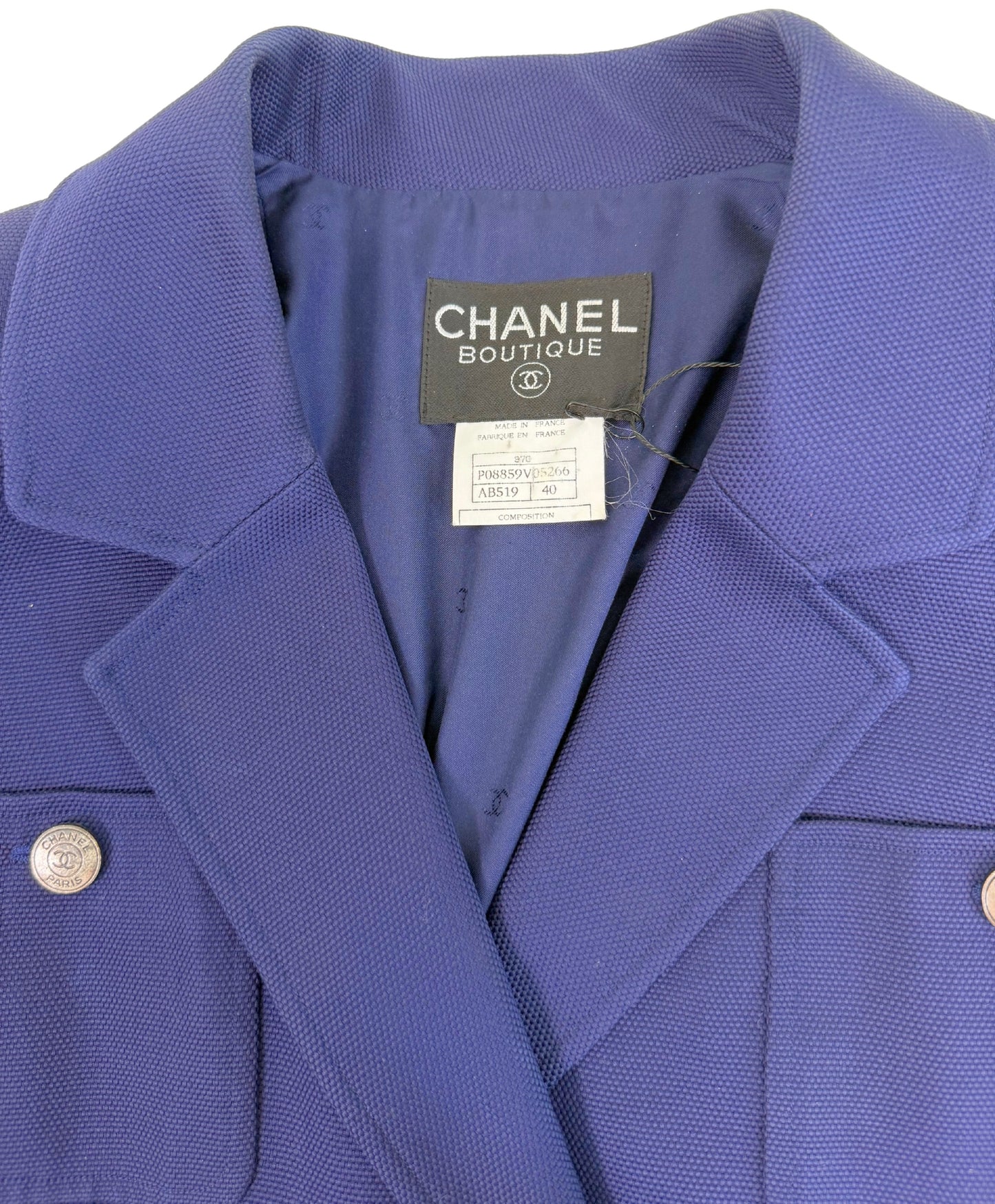 Vintage Chanel Navy Blue Cotton-Silk Utility Blazer – Early 1990s Karl Lagerfeld Era