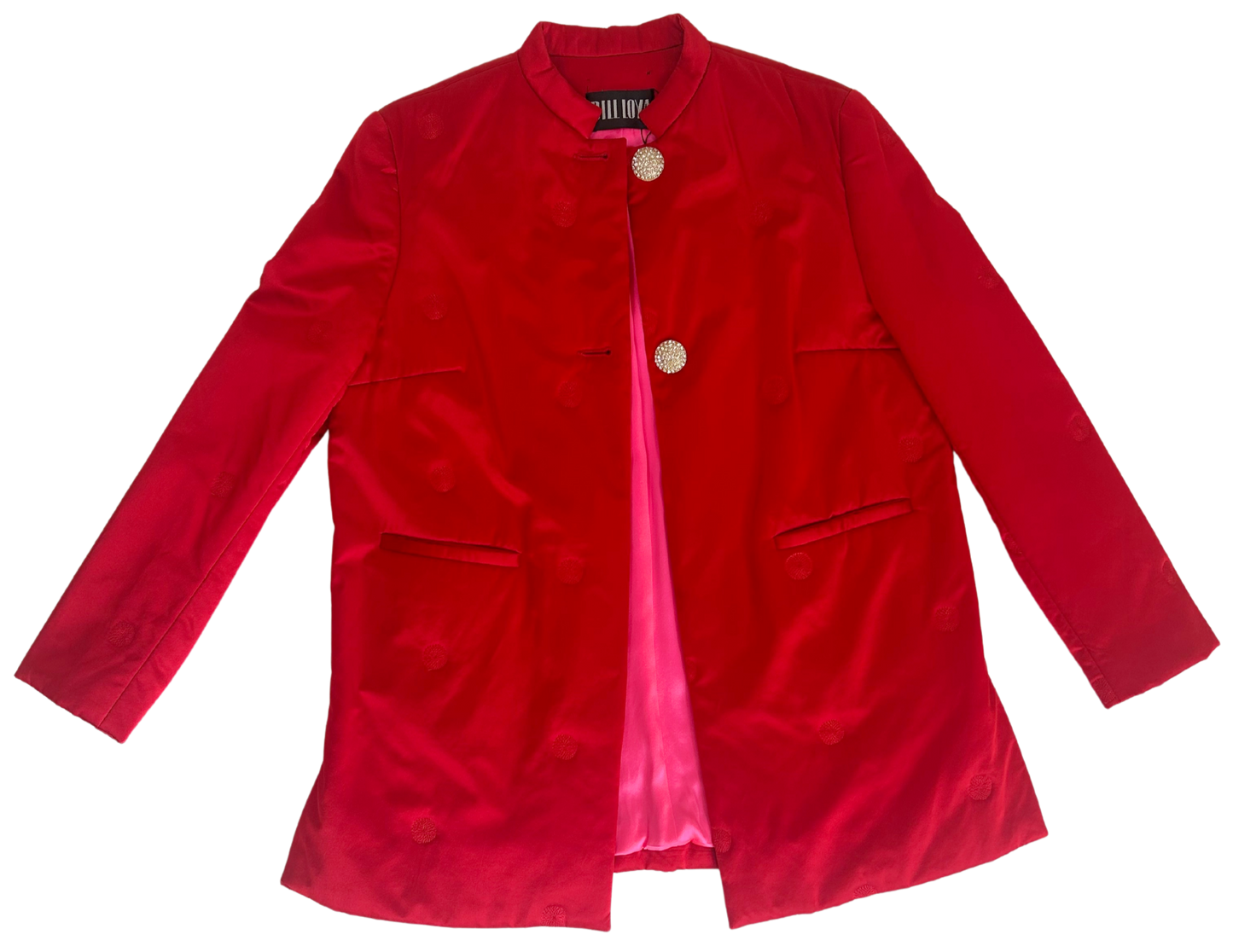Vintage Bill Loya Cherry Red Silk Embroidered Jacket with Hot Pink Lining – 1980s