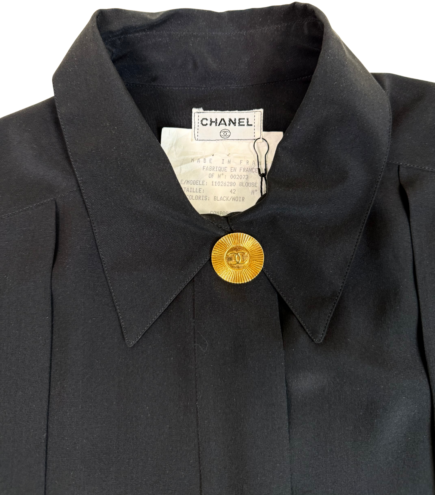 Chanel Vintage Black Silk Georgette Box Pleat Blouse with Gold Logo CC Buttons