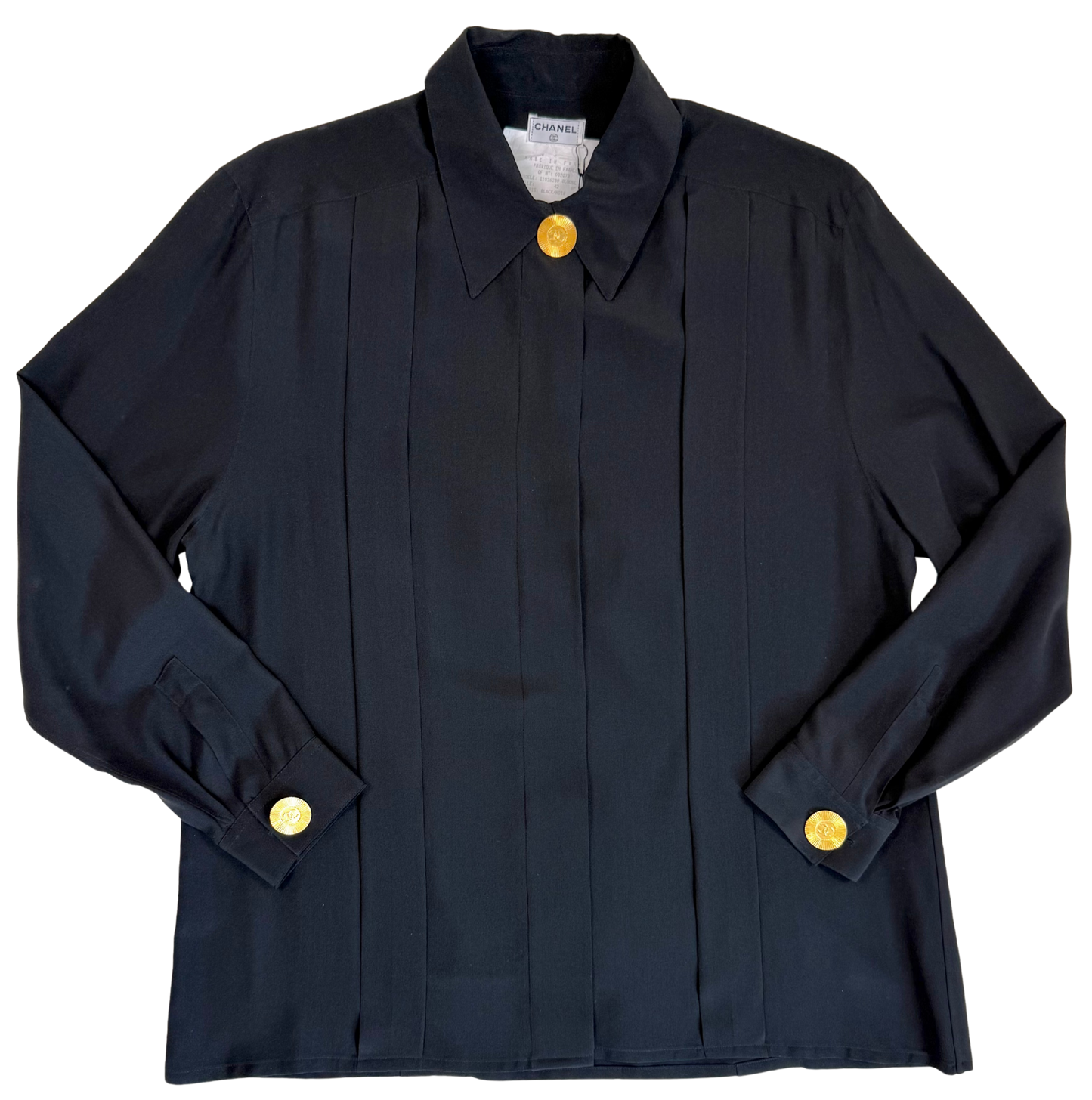 Chanel Vintage Black Silk Georgette Box Pleat Blouse with Gold Logo CC Buttons