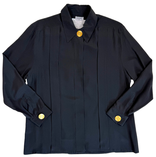 Chanel Vintage Black Silk Georgette Box Pleat Blouse with Gold Logo CC Buttons