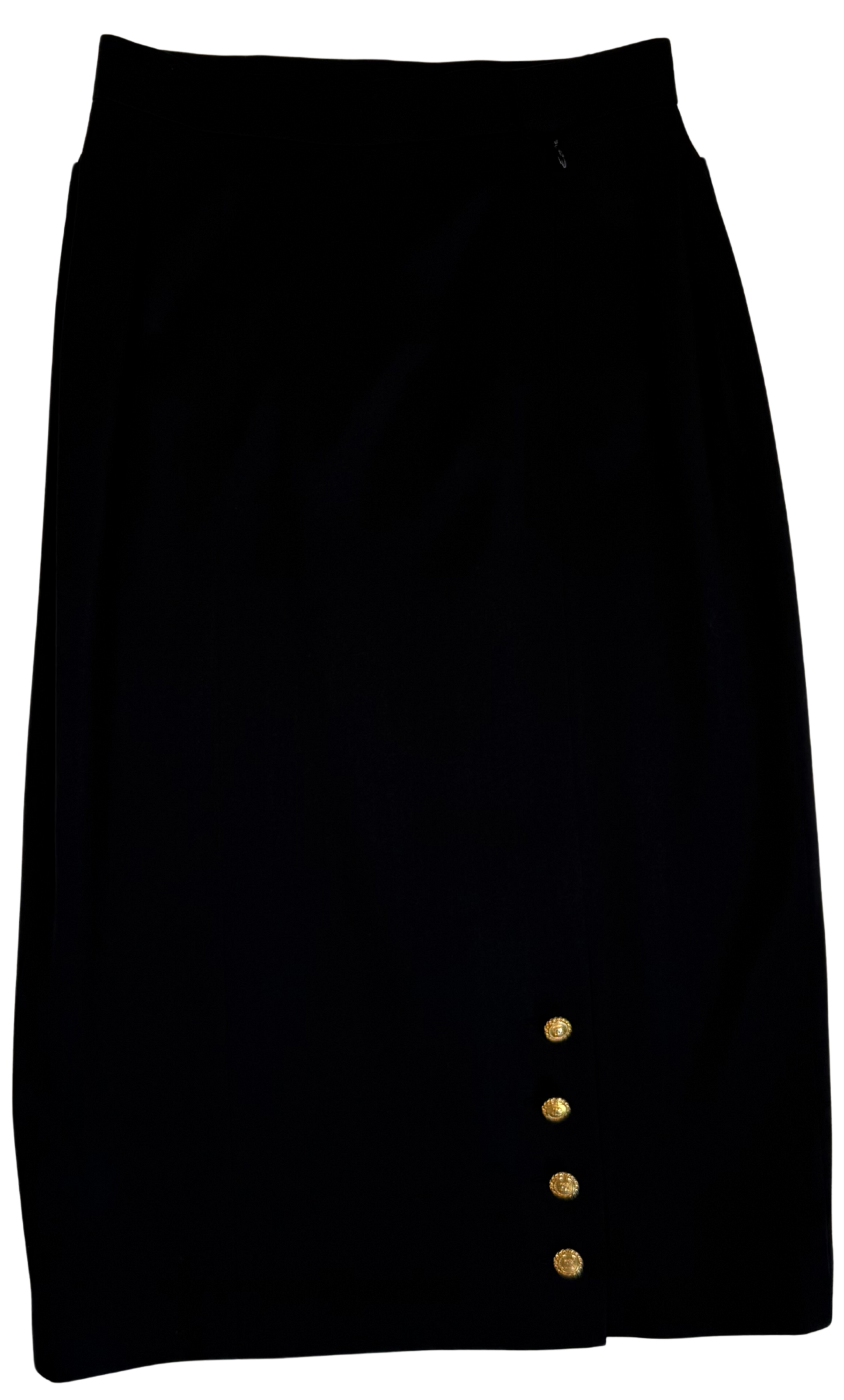 Chanel Vintage 1980s Black Cotton Sateen Midi Skirt with Gold CC Buttons