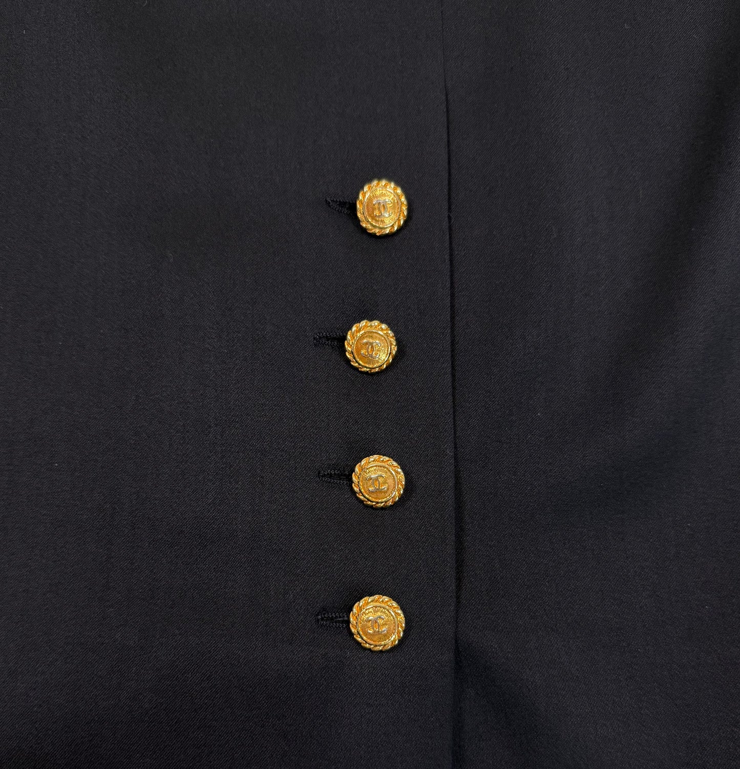 Chanel Vintage 1980s Black Cotton Sateen Midi Skirt with Gold CC Buttons