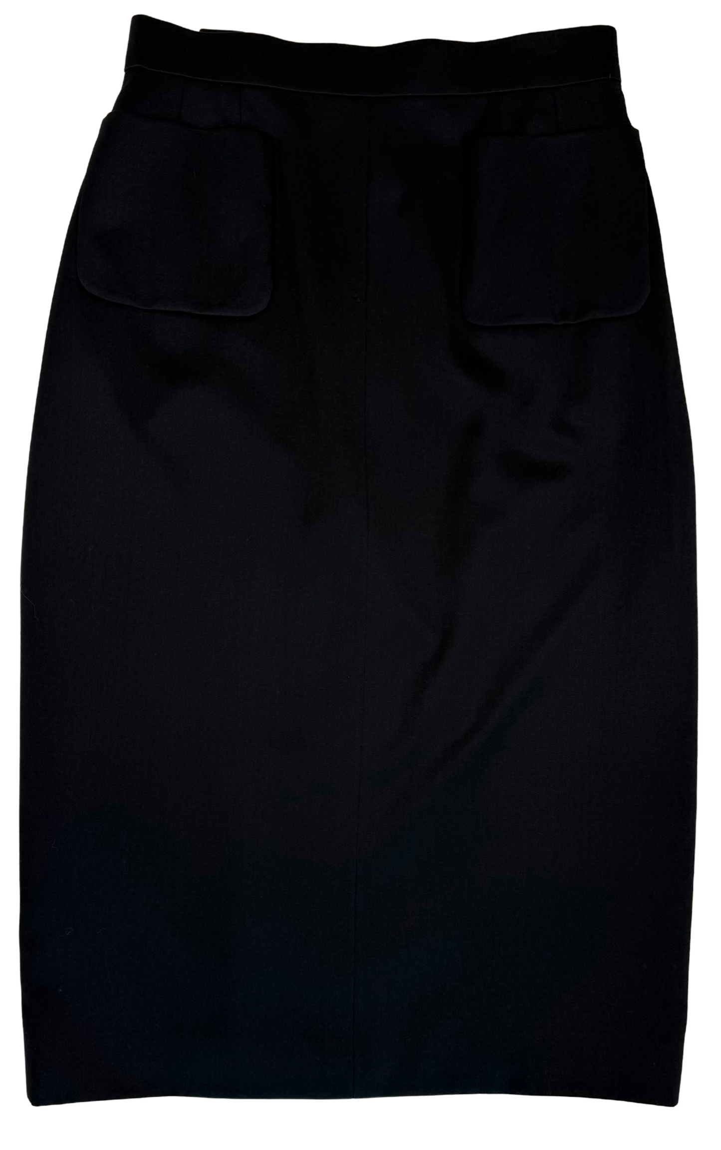 Chanel Vintage 1980s Black Cotton Sateen Midi Skirt with Gold CC Buttons