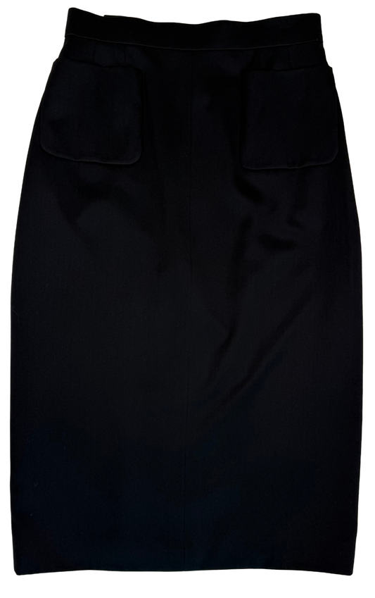 Chanel Vintage 1980s Black Cotton Sateen Midi Skirt with Gold CC Buttons