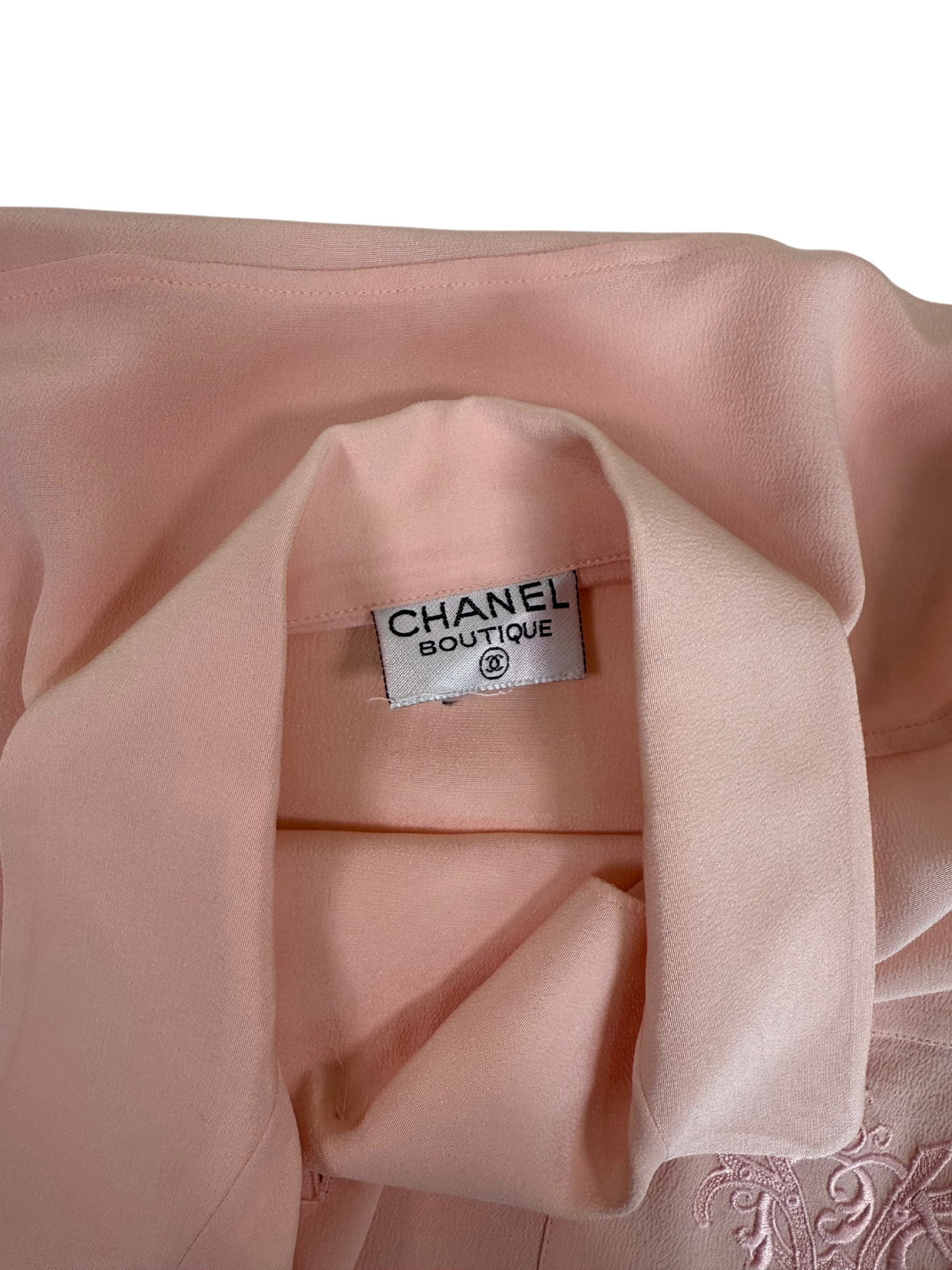 Chanel Boutique Vintage Logo Embroidered Pale Pink Silk Blouse