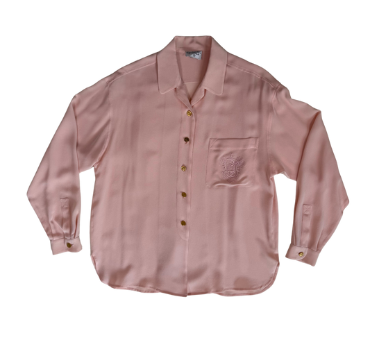 Chanel Boutique Vintage Logo Embroidered Pale Pink Silk Blouse